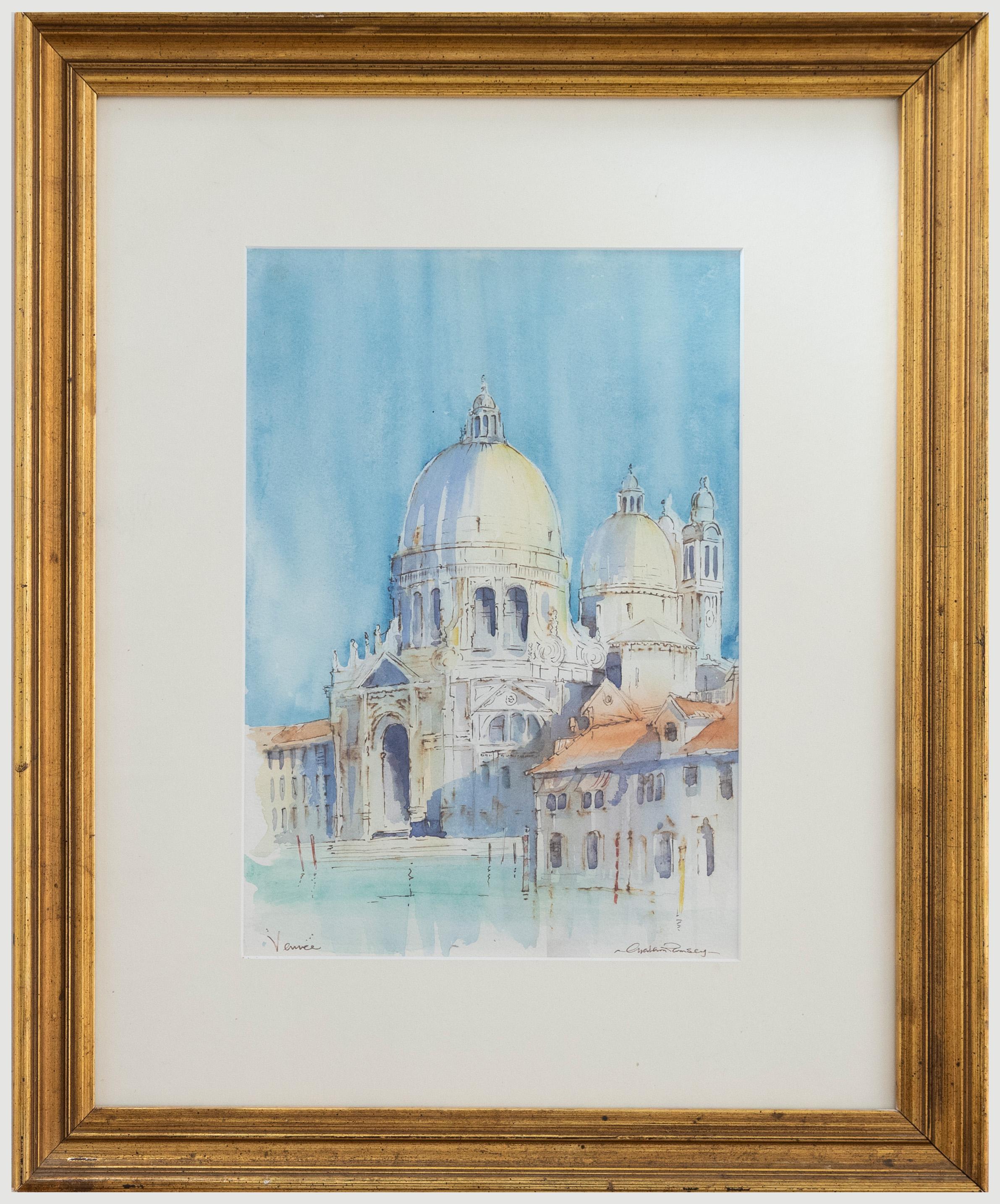 Signed by the artist and inscribed 'Venice' to the lower margin. Well-presented in a crisp white mount and gilt-wood frame. On watercolour paper.
