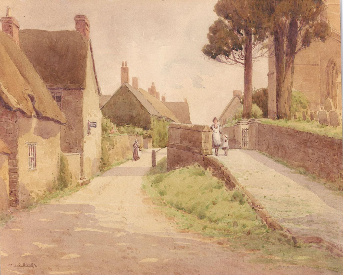 A delightful watercolour scene taking in the beautiful village of Wroxton, Oxfordshire. To the right stands All Saints church, where a nanny and child can be seen passing on the raised walk. Further up the street another women is paused, glancing