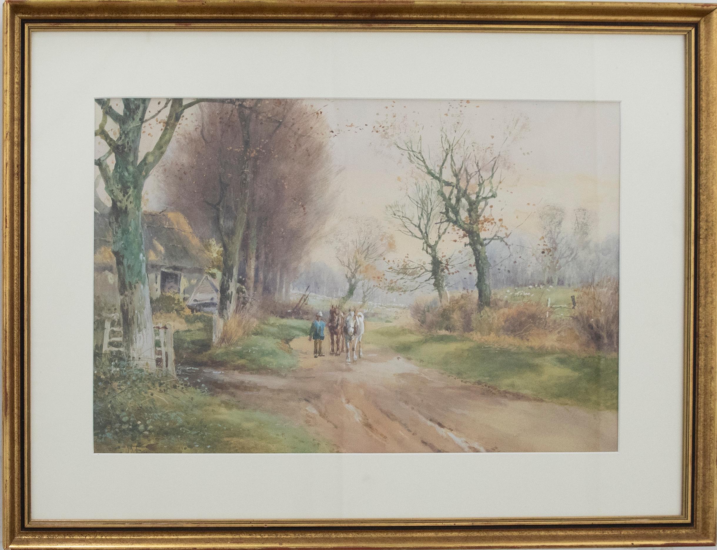A fine turn of the century watercolour by Henry Charles Fox (1855-1929), depicting a farmer walking his two horses along a country lane. The man looks to be returning to the yard only a few steps away, with his beautiful grey leading the way. The