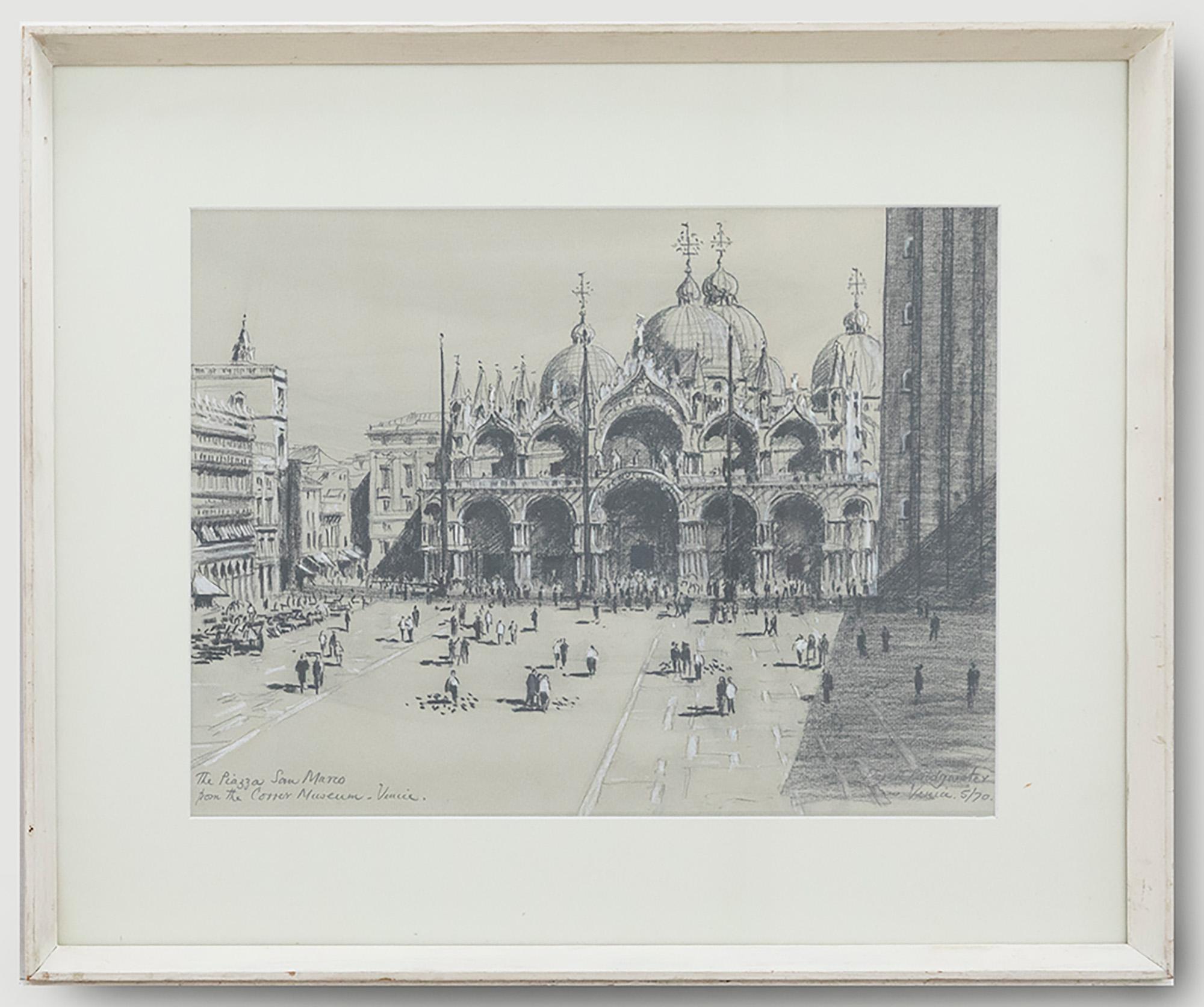 A striking perspective drawing of St Mark's Square by British artist Derek Bridgwater. Dominating the east end of the scene, St Mark's basilica sits with its grand domes and Romanesque carvings. In the foreground tourists can be seen gathered at the