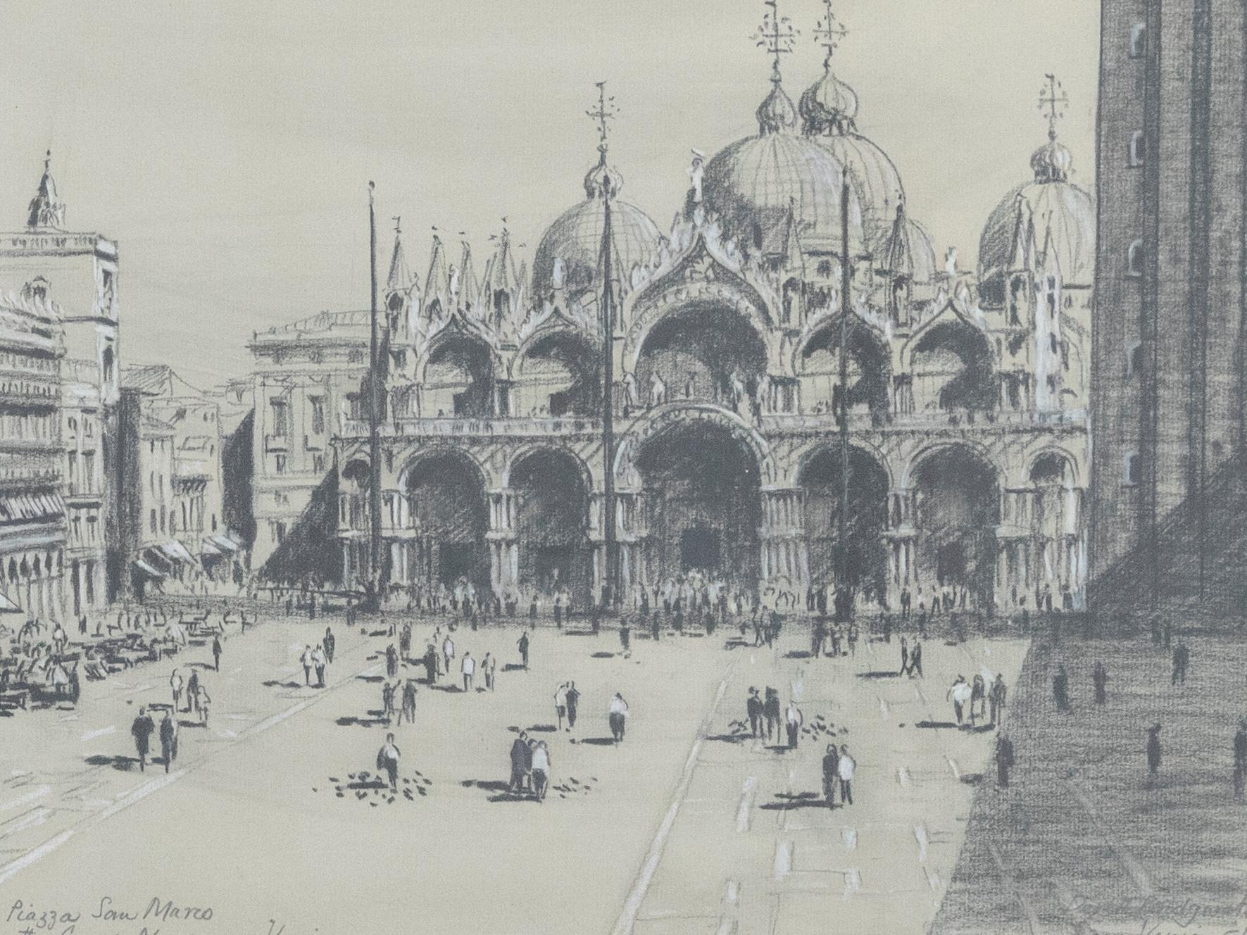 Derek Bridgwater (1899-1983) - Drawing au fusain encadré, Piazza San Marco en vente 3
