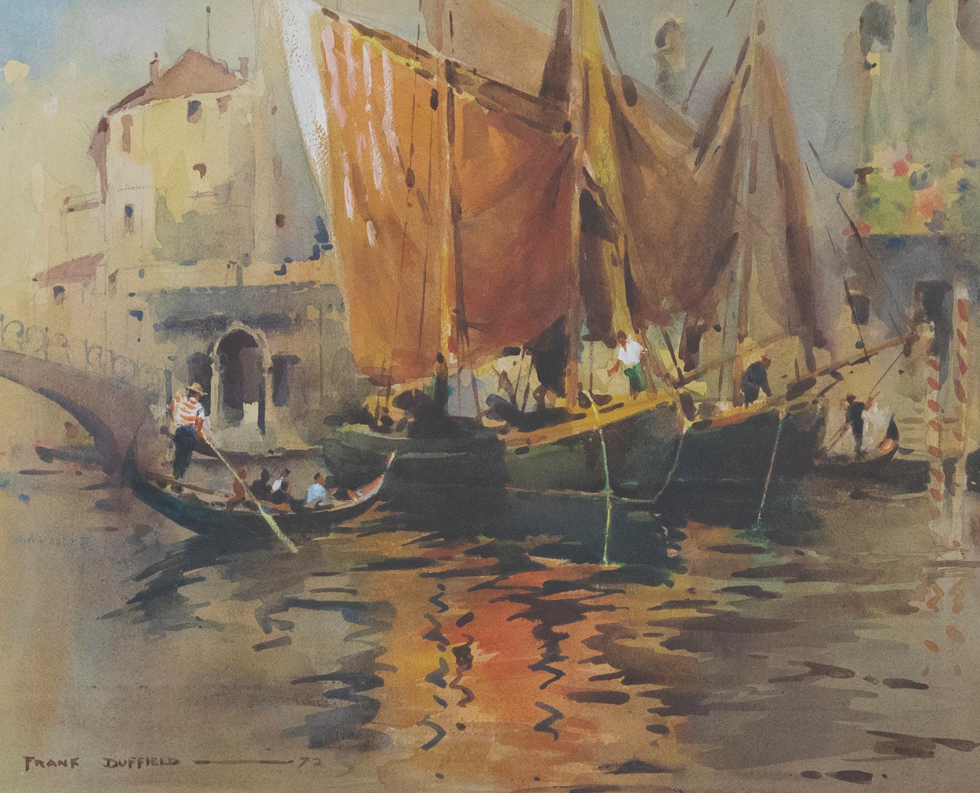 Frank Duffield (1901-1982) - 1972 Watercolour, Venetian Gondolas For Sale 3