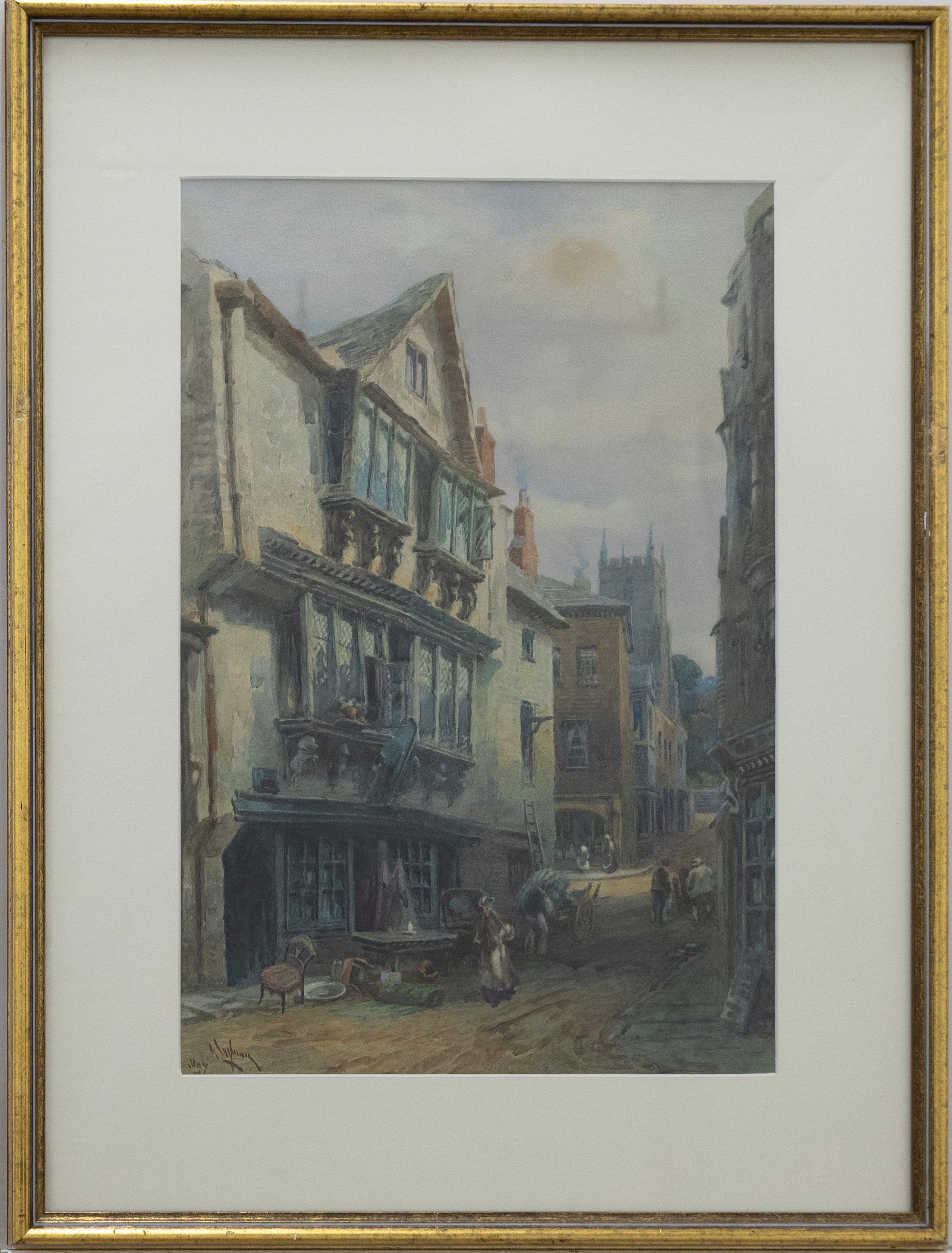A charming late 19th century watercolour showing an old medieval street with figure wondering past piles of unwanted furniture from the local inn. The watercolour has been indistinctly signed to the lower left. Presented in an attractive gilt frame