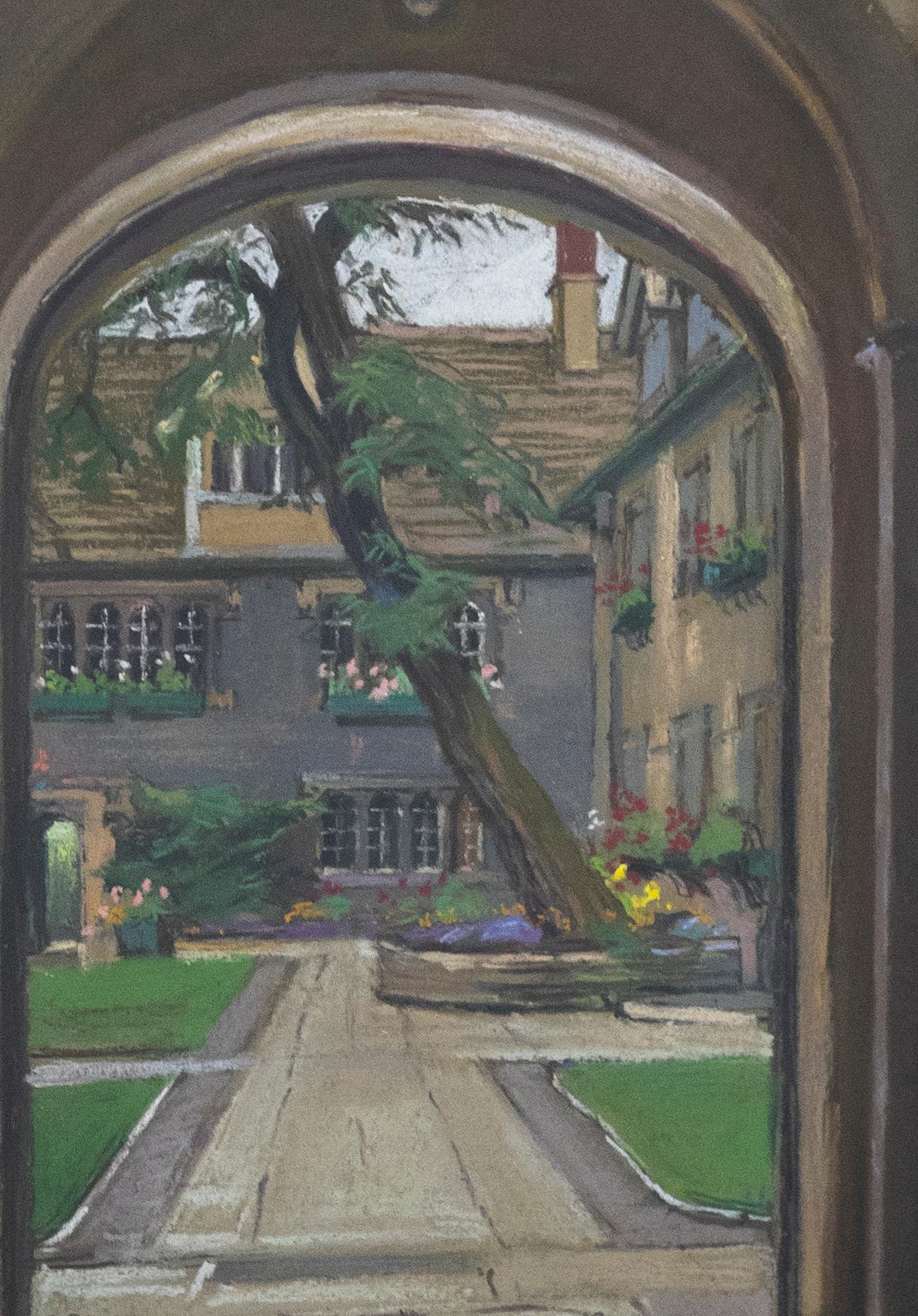 A fine pastel drawing of St Edmund Hall, Oxford, viewed through a beautiful stone archway. The courtyard garden looks full with summer colour, planted out with bright annuals that draw the eye. The artwork has been indistinctly signed to the lower