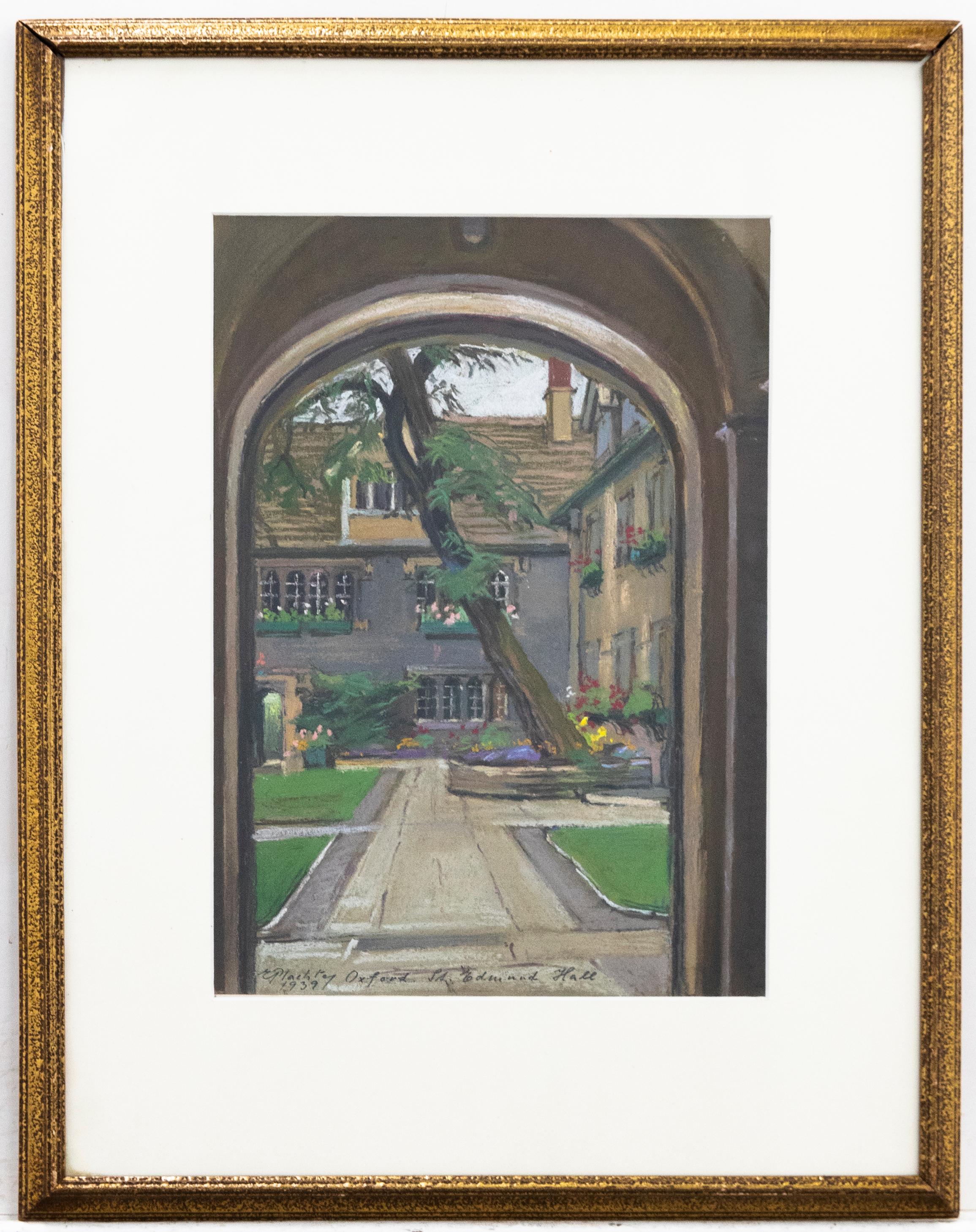 Framed 1939 Pastel - Edmund Hall, Oxford - Beige Landscape Art by Unknown