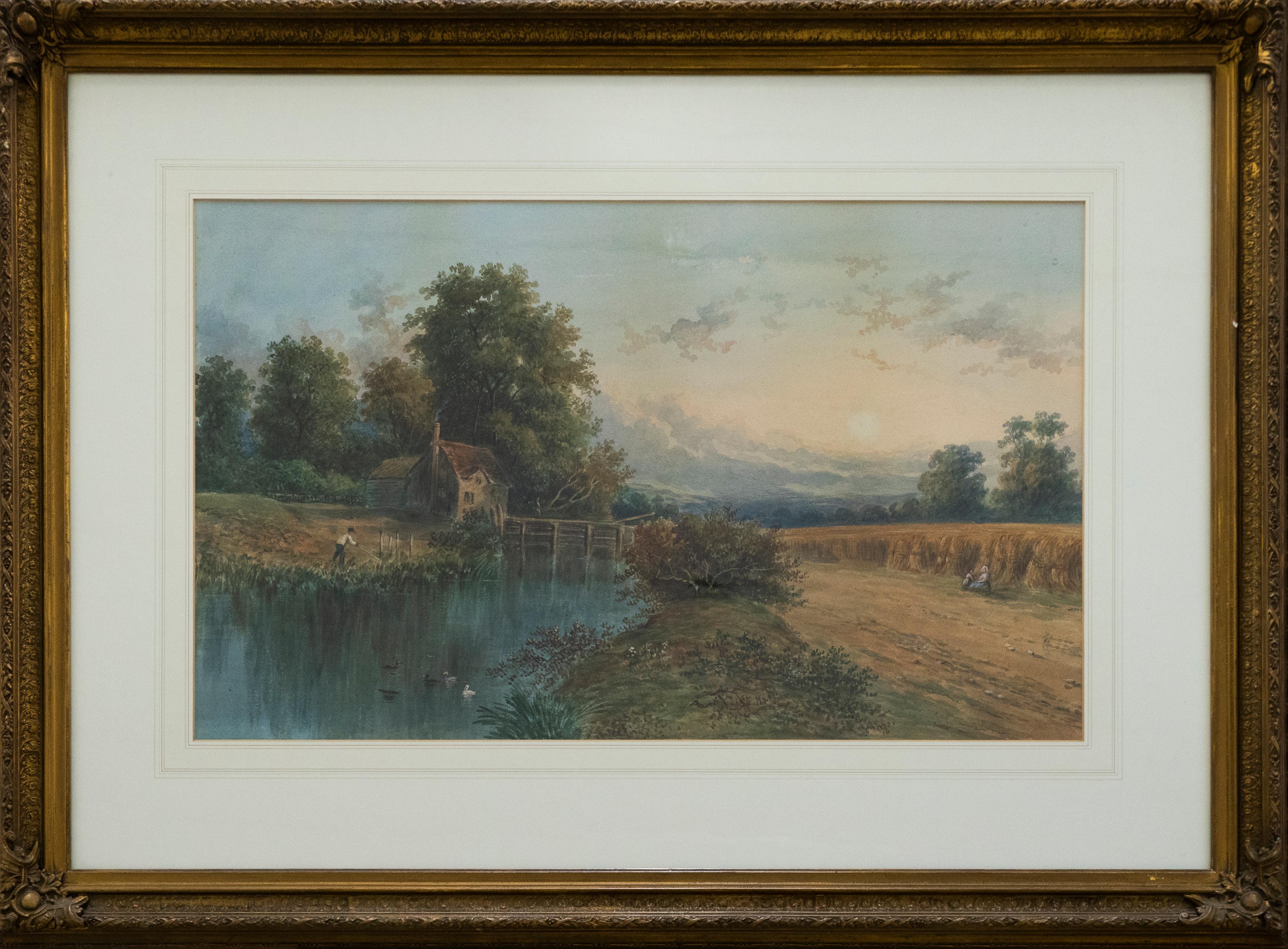 This scene sets place on the land of a small farm in late summer. In the foreground an angler casts his line into the river running between the small farm house and the wheat field. A mother and child sit on the field's verge watching the angler