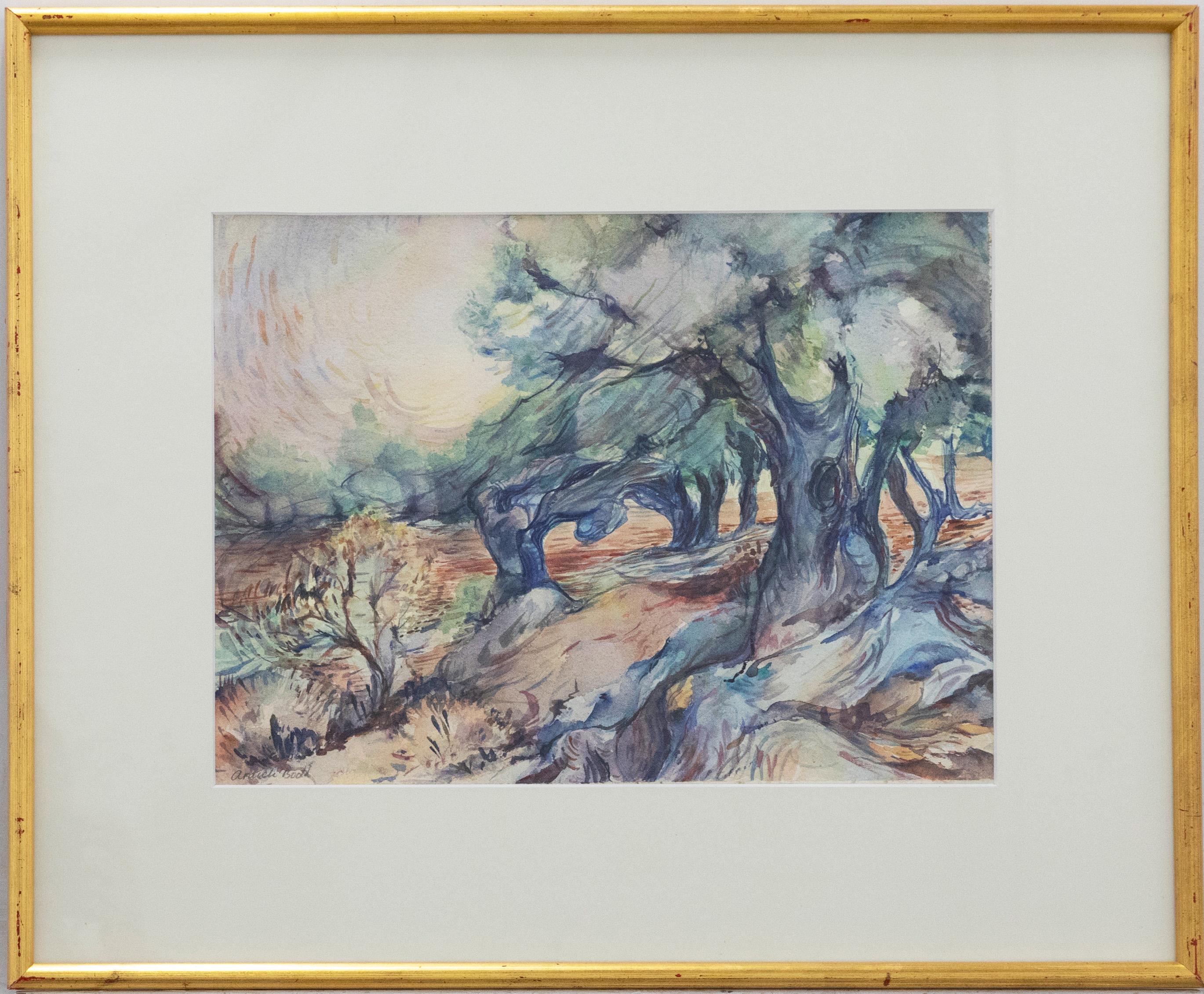 This captivating watercolour depicts a blinding riverscape with rays of sunlight beaming through a small grove of trees. The watercolour has been signed by the artist to the lower left. Well-presented in a crisp white mount and rolled edge frame. On