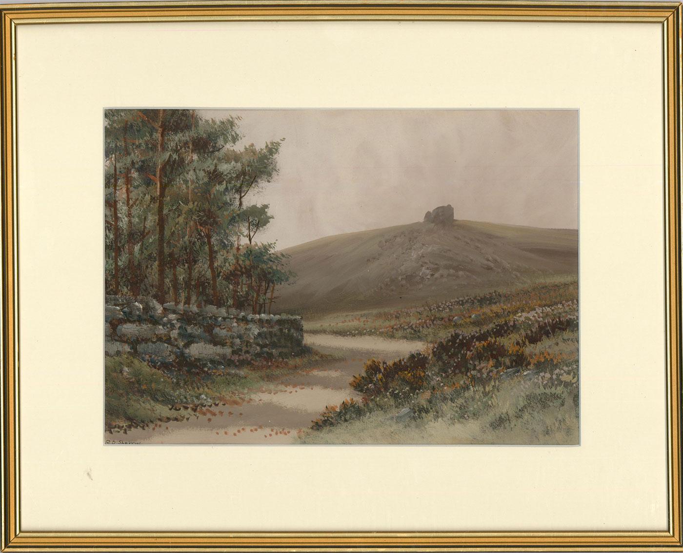 A charming Dartmoor landscape scene depicting a tor on a distant hill. Signed to the lower left. Presented in a gilt frame. On paper.