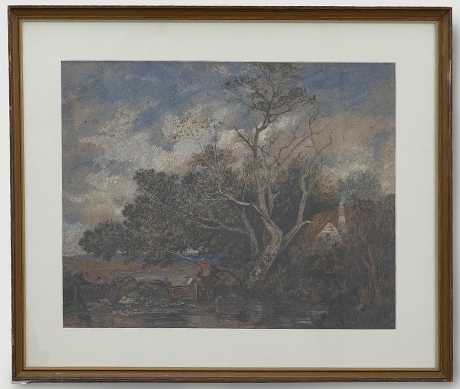 An atmospheric Welsh landscape, painted by 19th century artist Richard Bond (1808-1886). The watercolour depicts two mischievous characters swinging from branches and clamping over a wooden stile in the direction of the sea. Set back and shrouded by