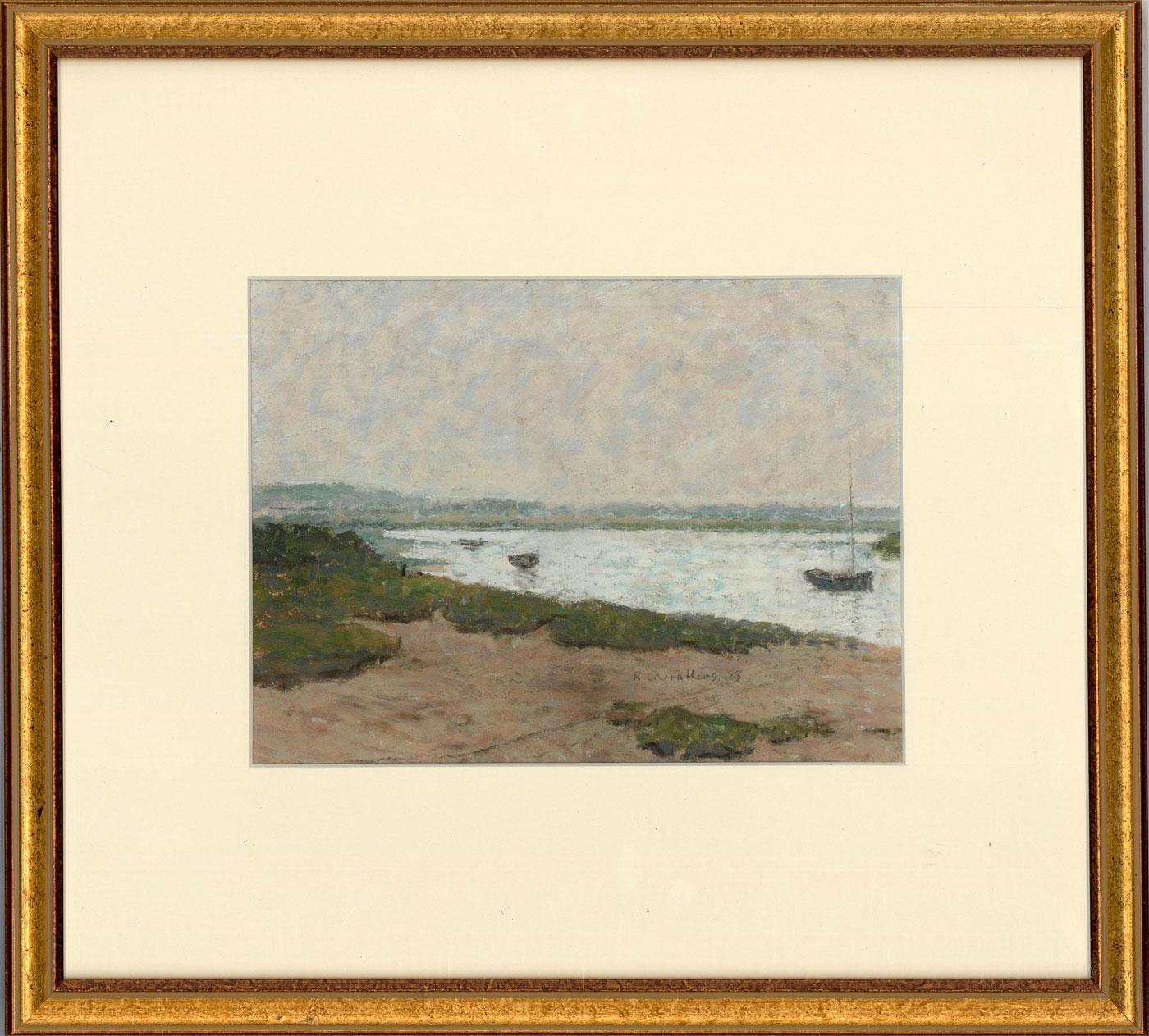 An original gouache landscape, painted by British artist Rosemary Carruthers. The scene depicts a calming estuary view, with sailing boats moored on softly rippled water. The day looks overcast, with the estuary reflecting the same clouded look as