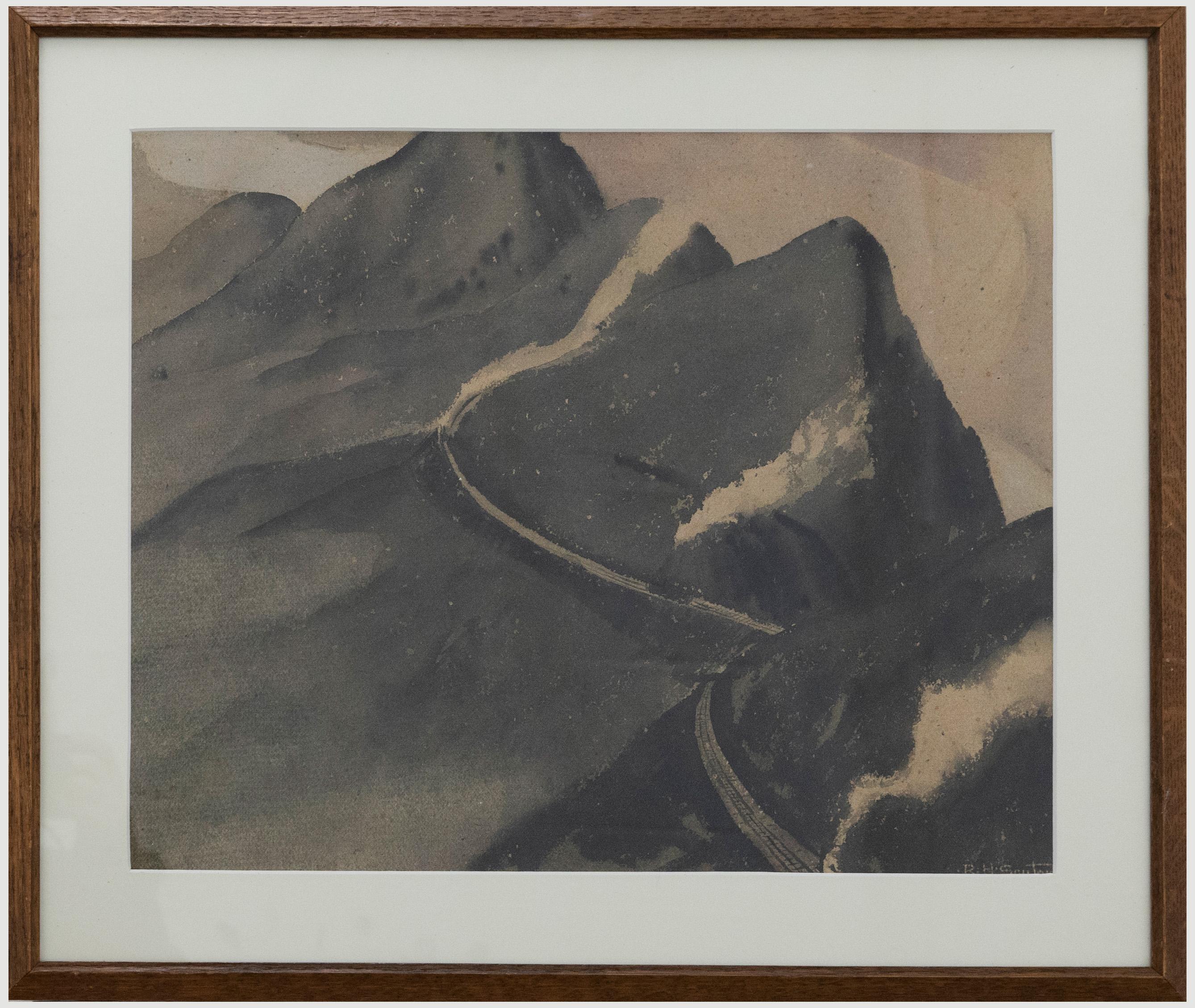 Questo suggestivo acquerello monocromatico raffigura una sezione ripida della ferrovia di Snowden con un treno a vapore fumante che si dirige verso la cima. Firmato "R. H. H. Sauter" in basso a destra. Ben presentato in una bella cornice di quercia