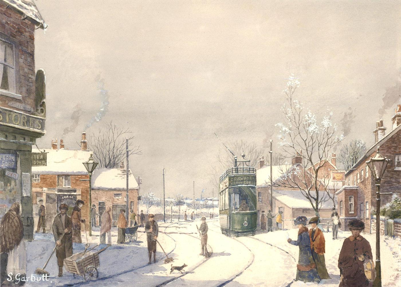 A charming 20th century watercolour of an Edwardian street covered in snow by Stephen Garbutt. A number of figures can be seen in winter clothing continuing their daily routines, while a group of local take it upon themselves to clearing the tram