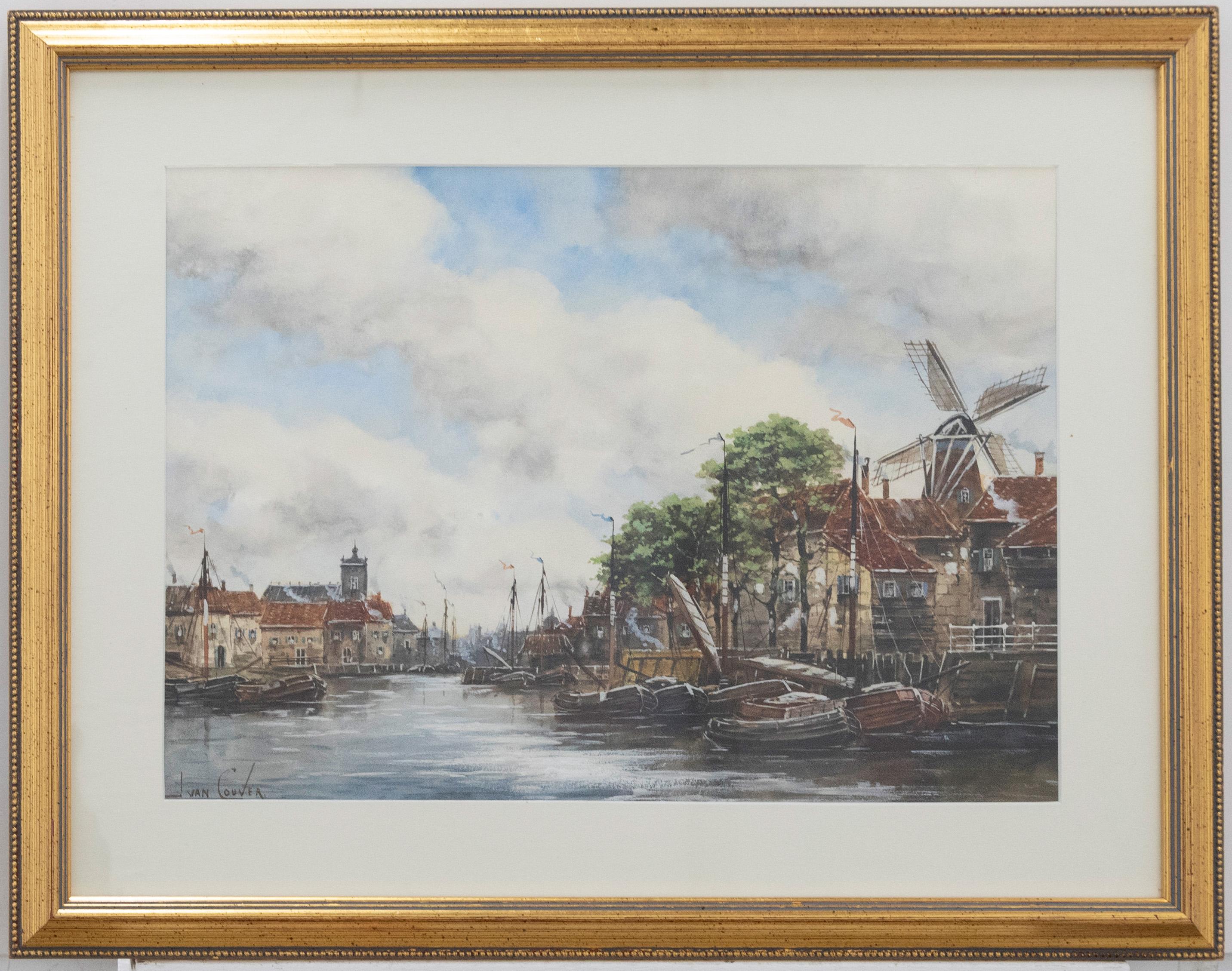 A charming late 19th Century watercolour depicting boats moored at a Dutch port. In the distance a windmill and the rooftops of the coastal town can be seen. Signed to the lower right. Presented in a gilt frame with a beaded running pattern. On