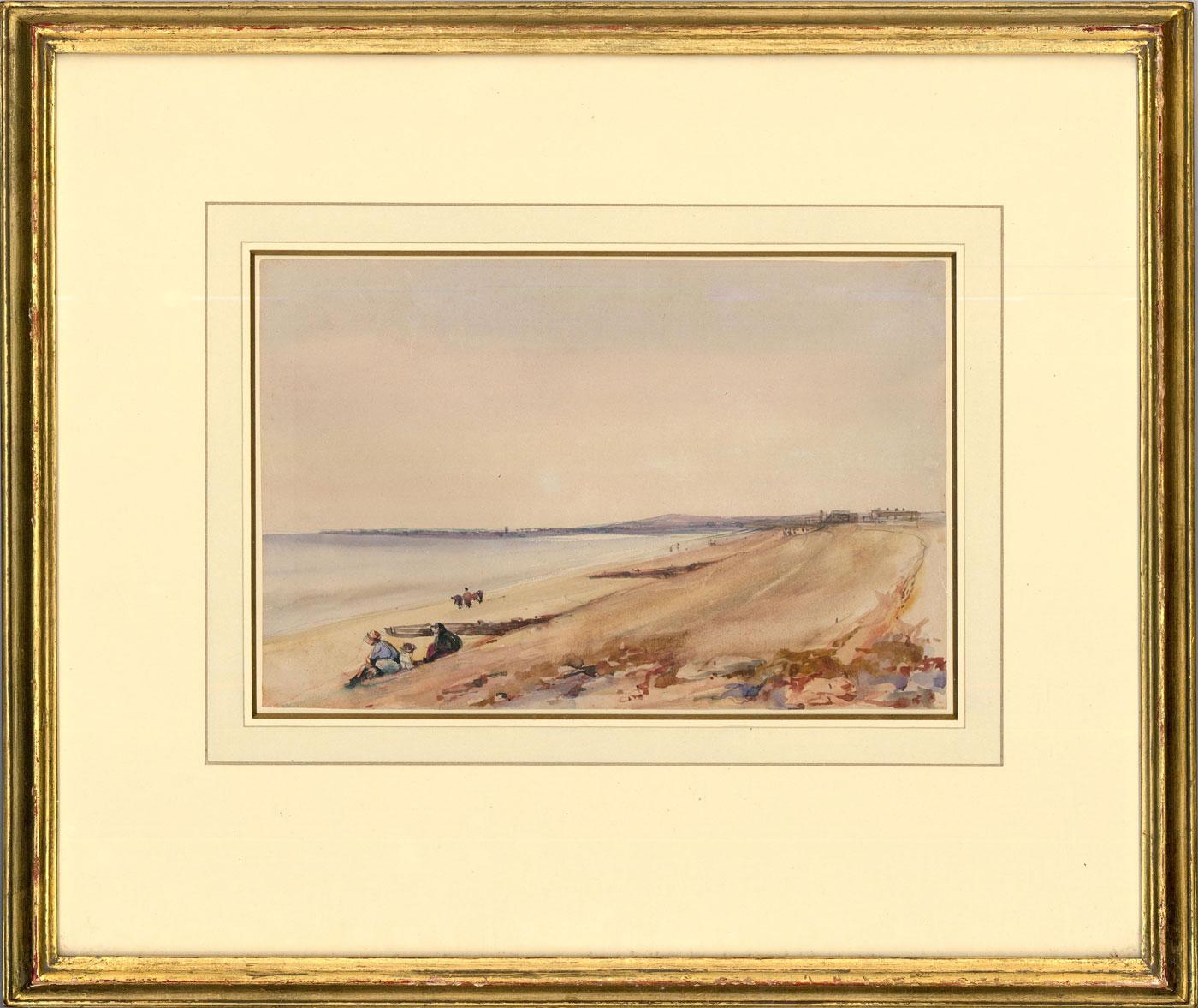 A charming watercolour study of a sweeping coastline. In the foreground figures sit on the beach and look out to sea. Unsigned. Artist name inscribed verso. Presented in a gilt frame. On paper.