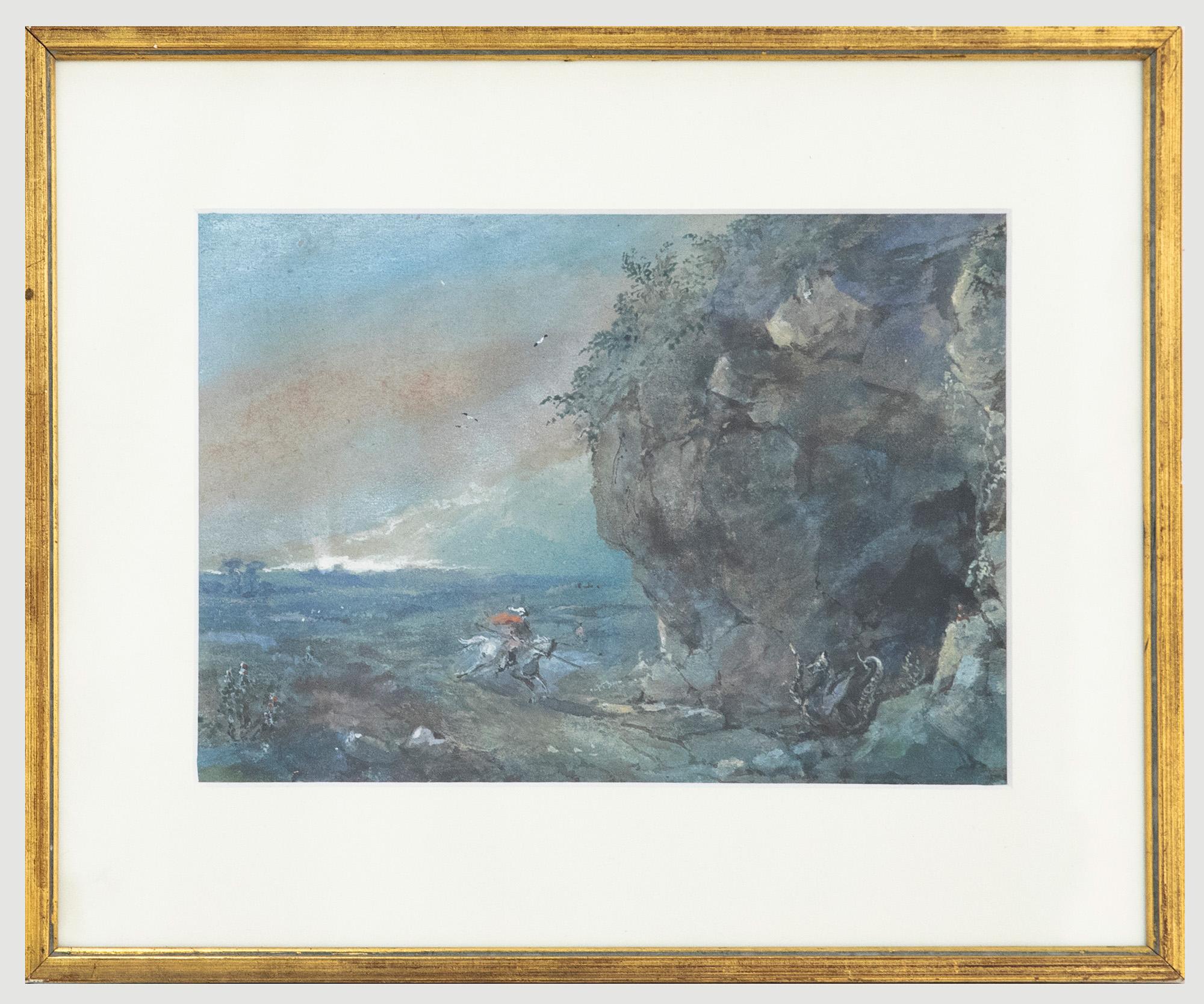 A charming mid-19th-century watercolour by Charlotte Vawser (fl.1837-1875), depicting the legend of St George and the Dragon. Here Vawser has capture St George riding in pursuit of the terrorising beast, while the rest of the knights coward in the