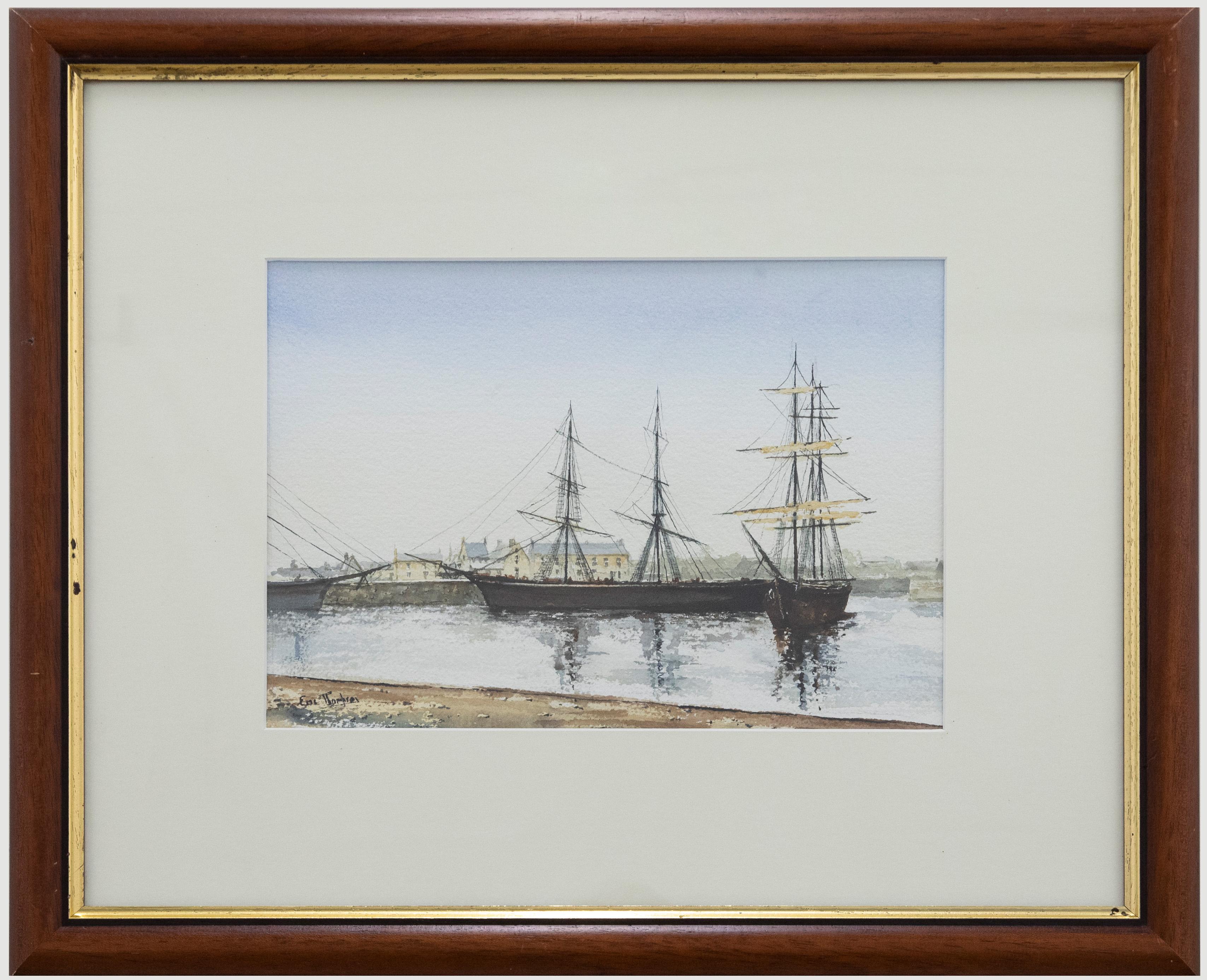 A delightful watercolour scene depicting ships moored at St Sampson's harbour in Guernsey. Signed and dated to the lower right. Presented in a wooden frame with a gilt window. On paper.