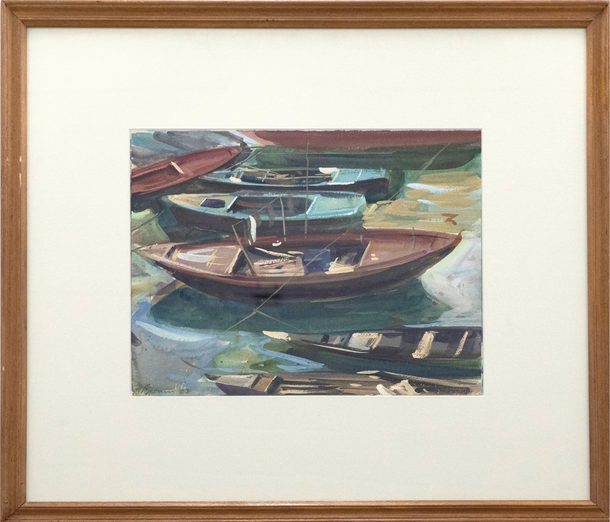 An expressive study of sailing boats and canoes by contemporary artist Anthony Bream (b.1943). Heightened with fleeting strokes of gouache colour. Presented in a new card mount and natural wood frame. Signed & dated. On watercolour paper.