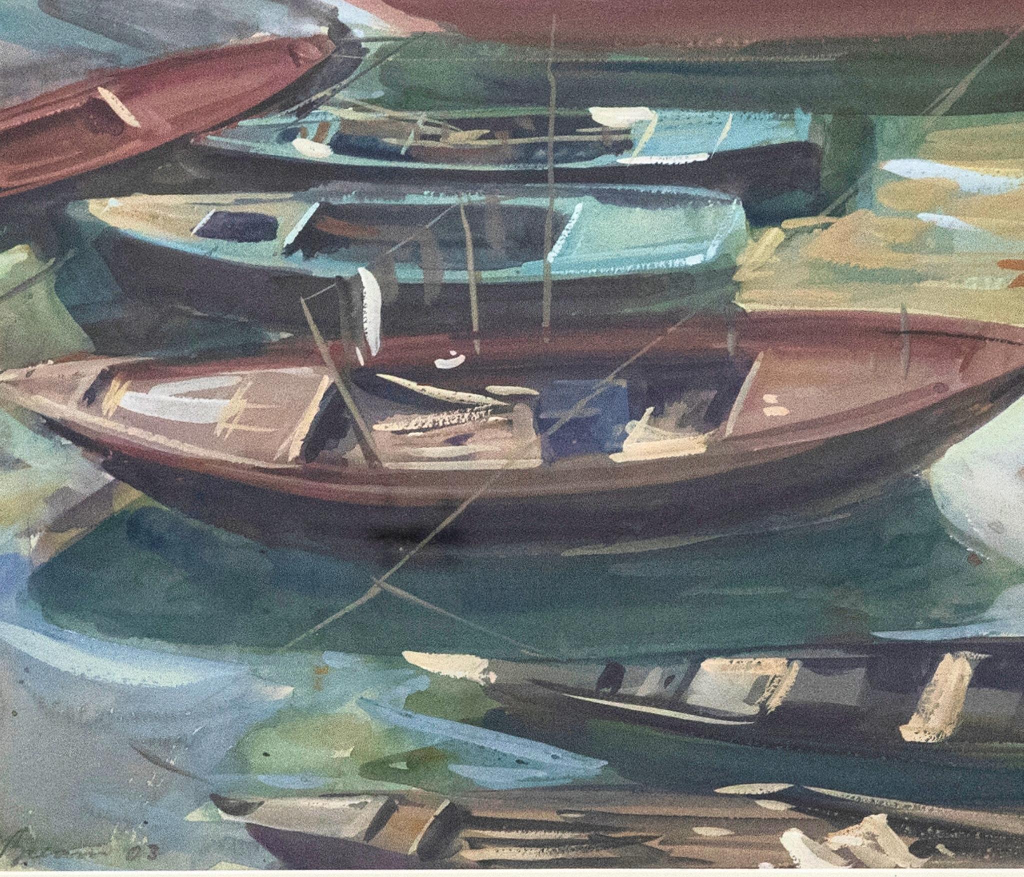 Anthony Bream (b.1943) - Framed 2003 Watercolour, String of Boats For Sale 1