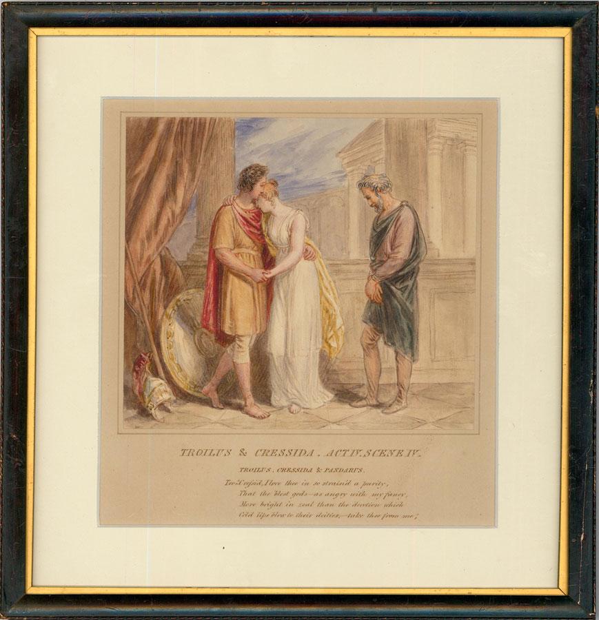 A finely detailed and engaging mid 19th Century watercolour, confidently attributed to the English watercolourist, John Massey Wright. The painting shows a scene from Shakespeare's play Troilus and Cressida. The scene is executed with wonderful