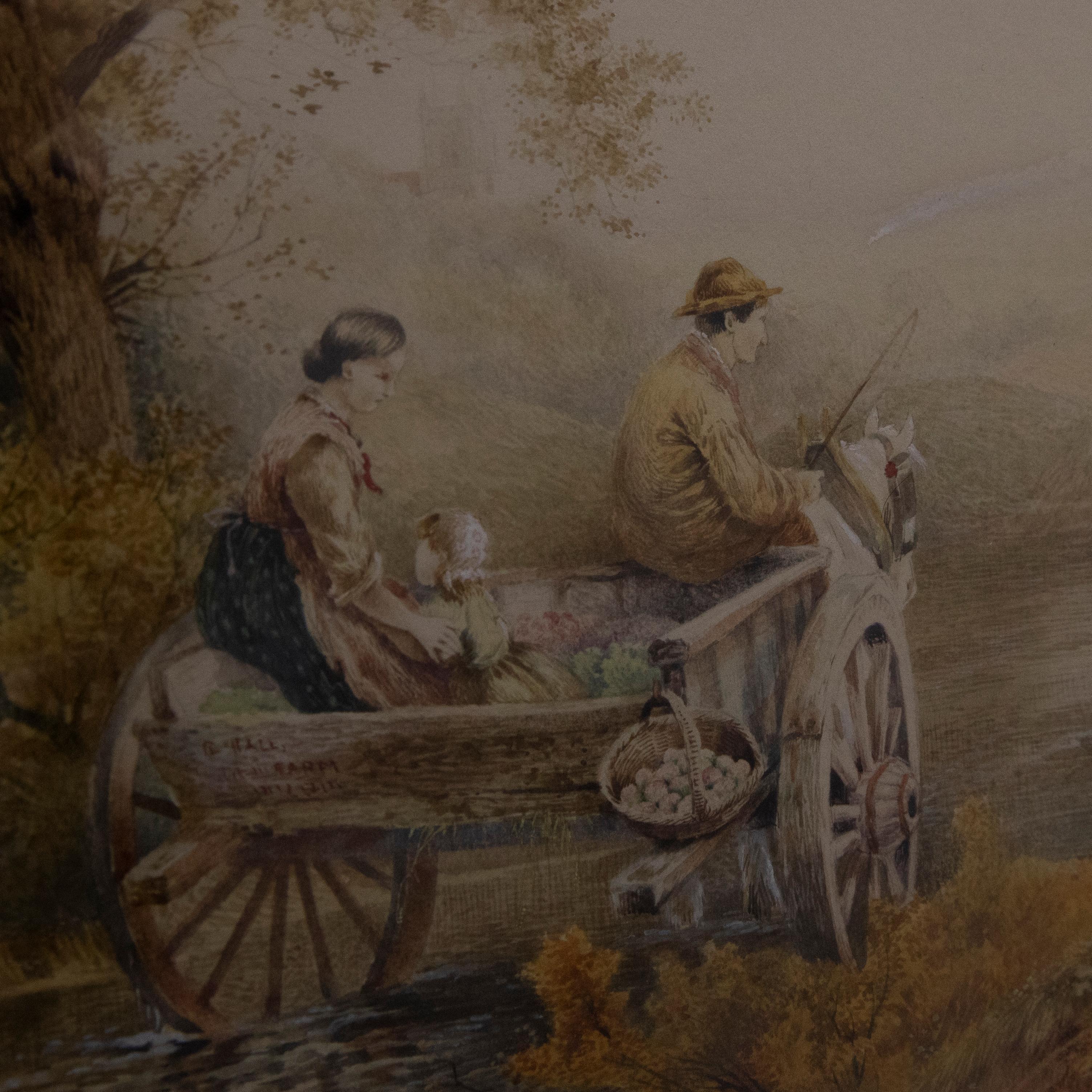 A delightful 19th century genre scene showing a family on their way to market in a horse drawn cart. A few steps ahead are four of the family's cattle, ready to be sold for a profit. The watercolour has been signed by the artist to the lower right.