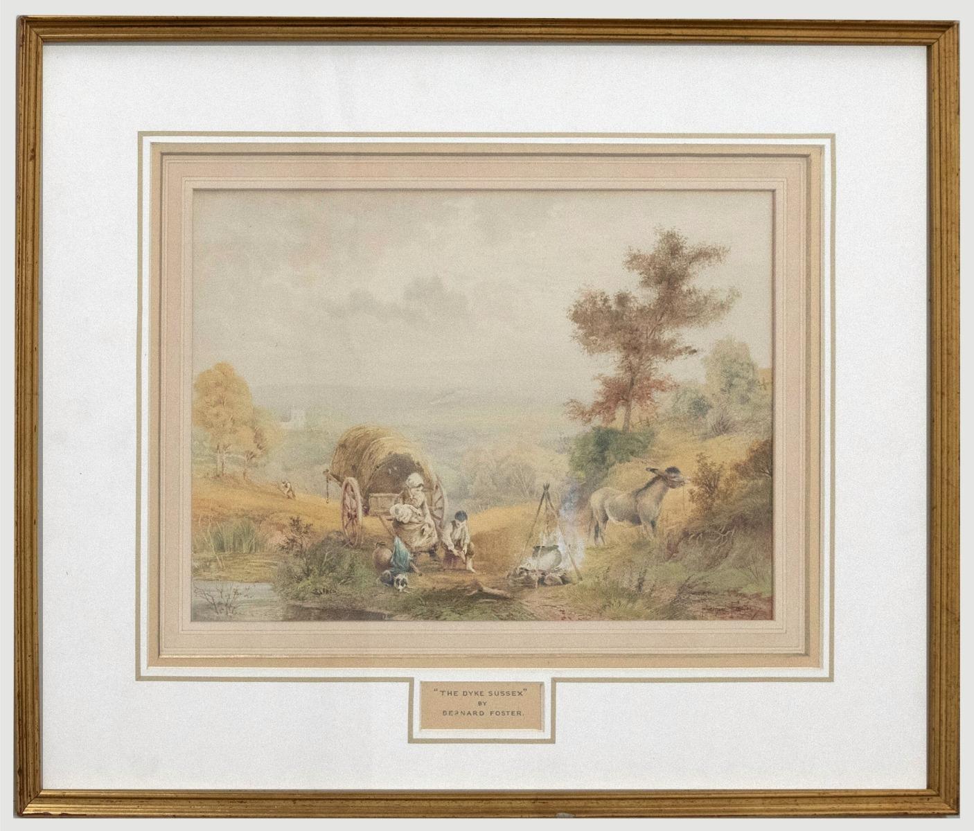 A delightful 19th century genre scene showing a family gathered round a wooden cart, waiting for supper to cook. The lady's husband can be seen scything the last of the wheat to the far left, while his family rests with their donkey and dog by the