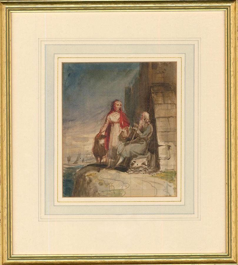 A delightful study depicting two figures and a dog meeting on a coastal path. Marked with graphite grids. Unsigned. Presented in a gilt frame. On paper.