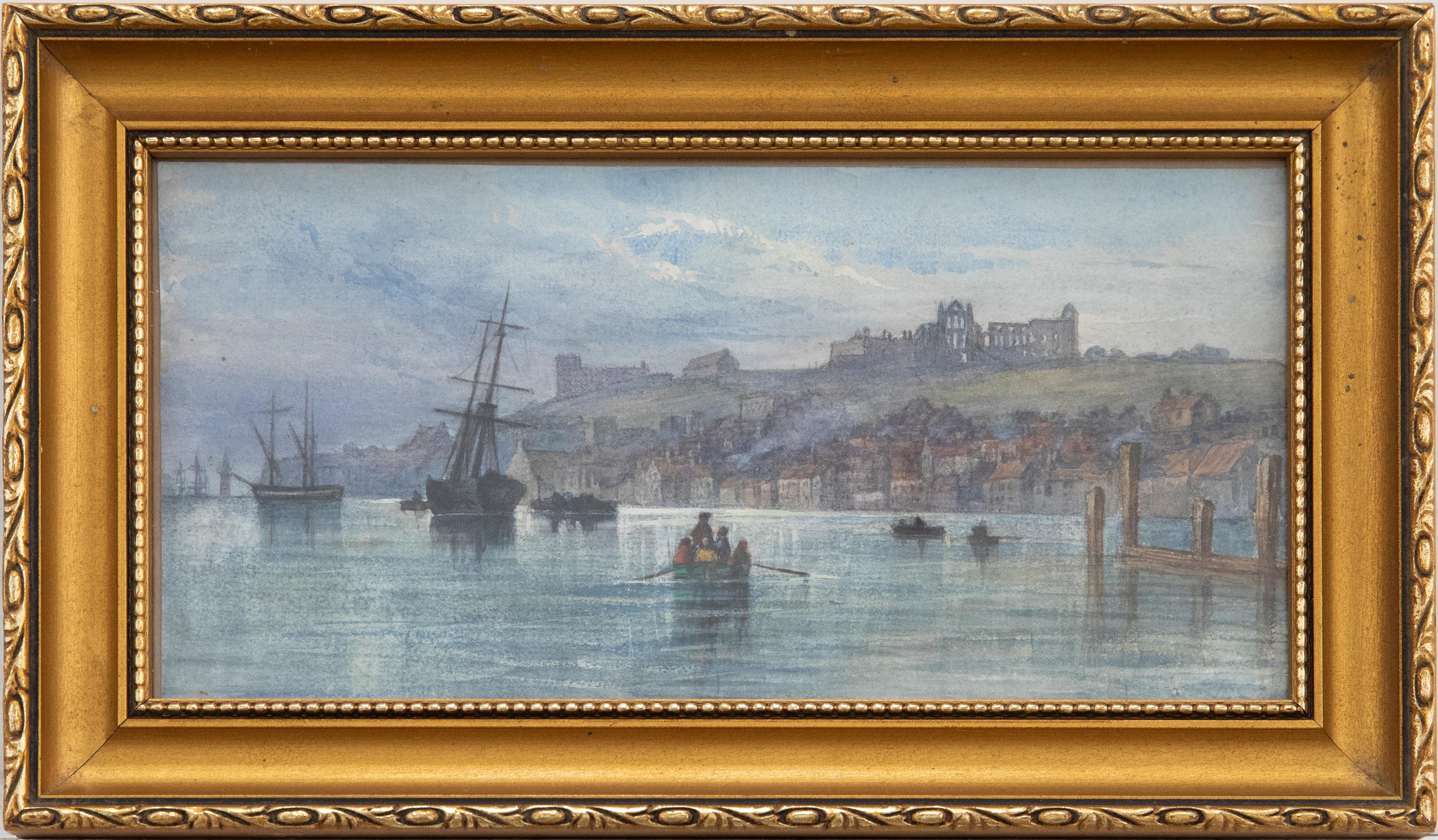 A charming 19th century watercolour of Whitby Abbey captured from the sea. In the foreground a manned rowing boat sets sail for shore, after anchoring in the bay. Smoke from chimneys drifts across the town, with Whitby Abbey standing watch on the