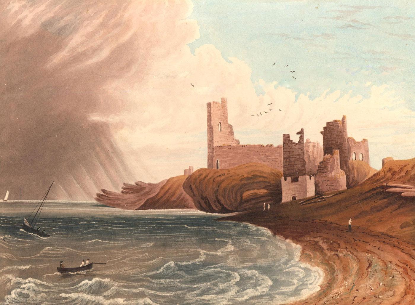 An atmospheric 19th-century watercolour depicting the 14th-century Dunstanburgh Castle in Northumberland. The weather is typically English - with half the composition bathed in the sunny blue sky while ominous rain clouds gather over the sea. Small