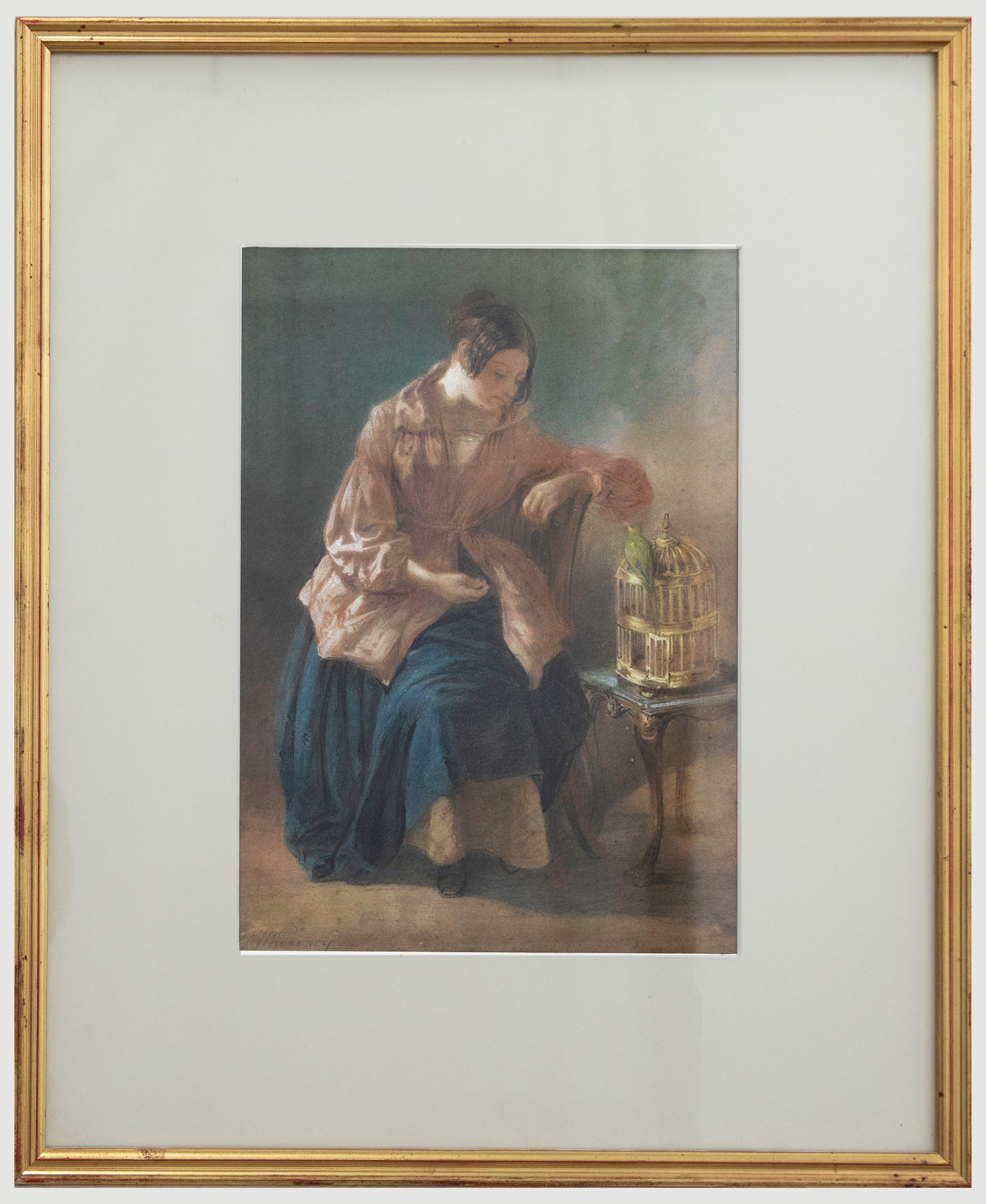 Framed 19th Century Pastel - Lady & The Parrot - Art by Unknown