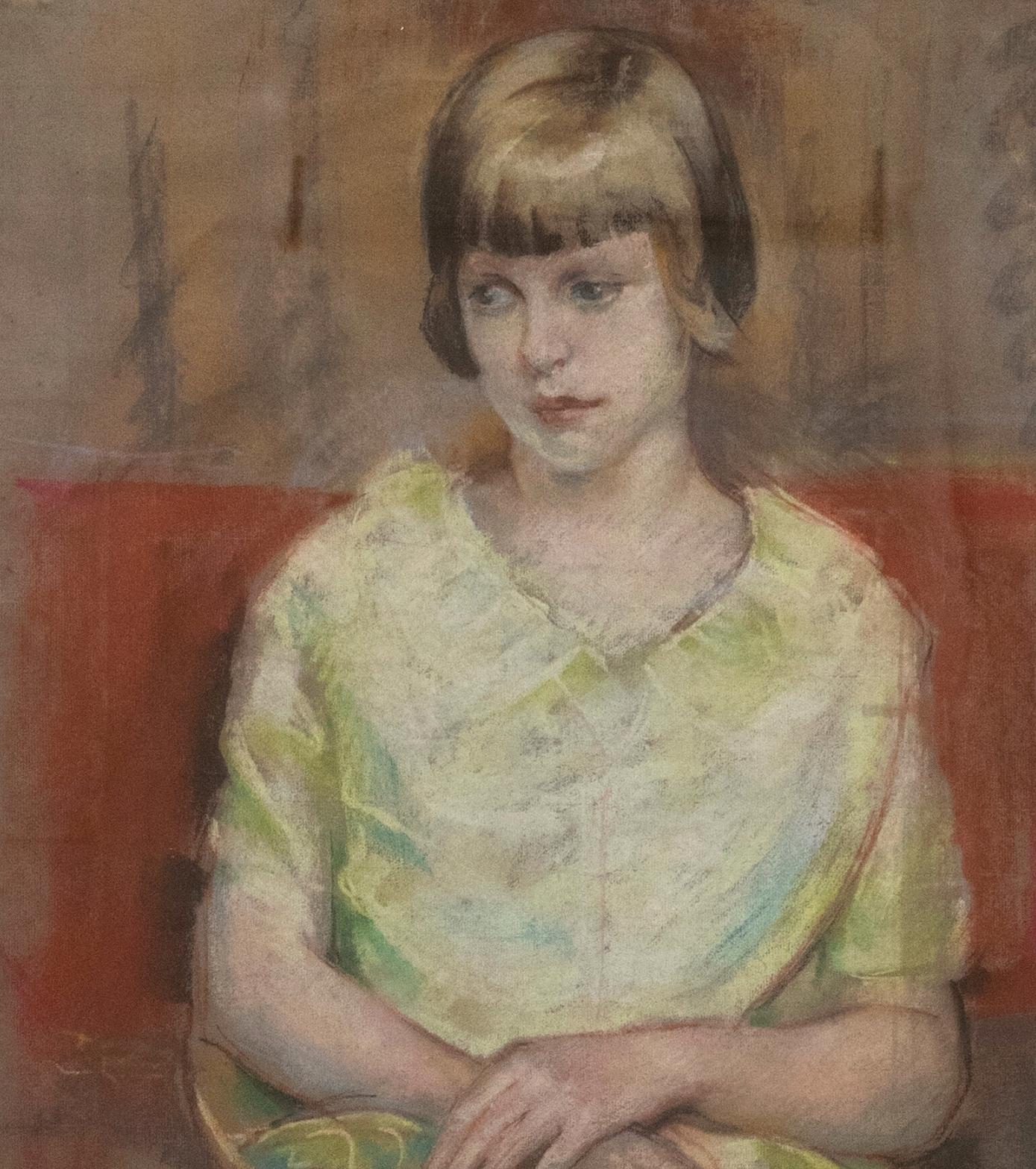 A charming portrait of a young girl with short cropped hair seated in a red chair. The artist captures her features and ruffled dress in expressive pastel markings, bringing vibrancy and movement to the composition. Artist name inscribed to to the