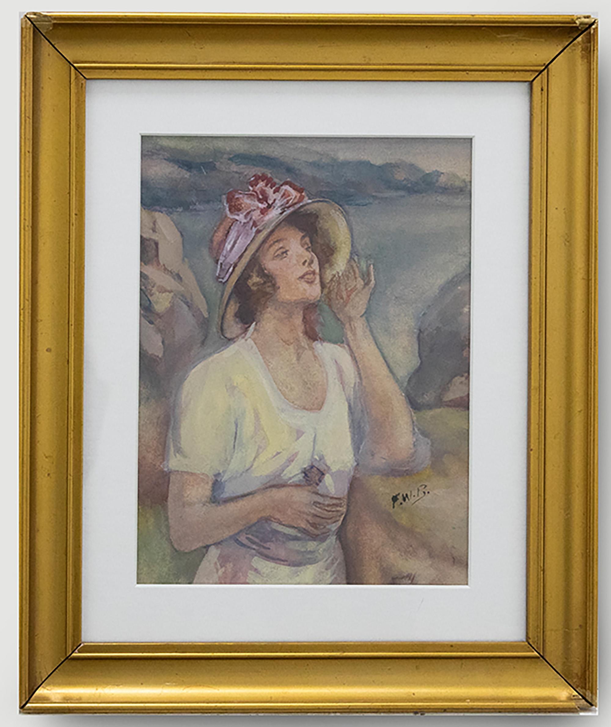 A pretty portrait of a young woman on a rocky beach. She wears a simple linen dress and pink hat. Presented in a gilt effect frame. Signed with initials. On watercolour paper.