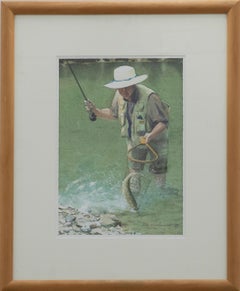 Ben Woollcombe - Framed 1999 Watercolour, Self Portrait of Netting a Brown