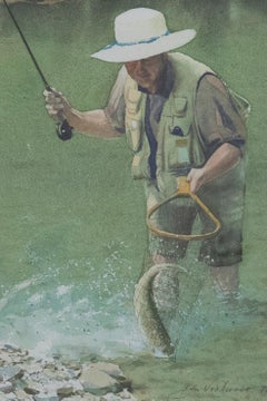 Ben Woollcombe - Framed 1999 Watercolour, Self Portrait of Netting a Brown