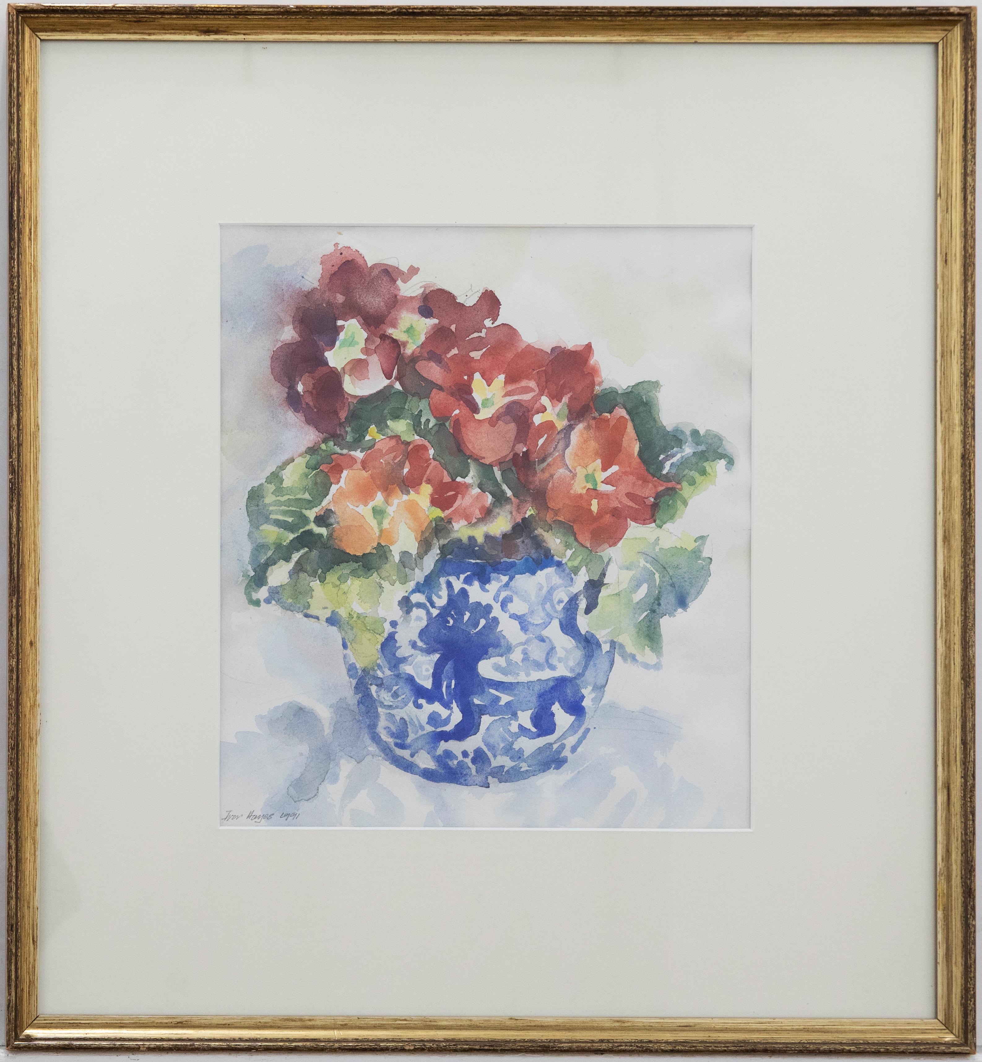 Ivor Hayes (nato nel 1916) - Acquerello del XX secolo con cornice, Primula in vaso in vendita 2