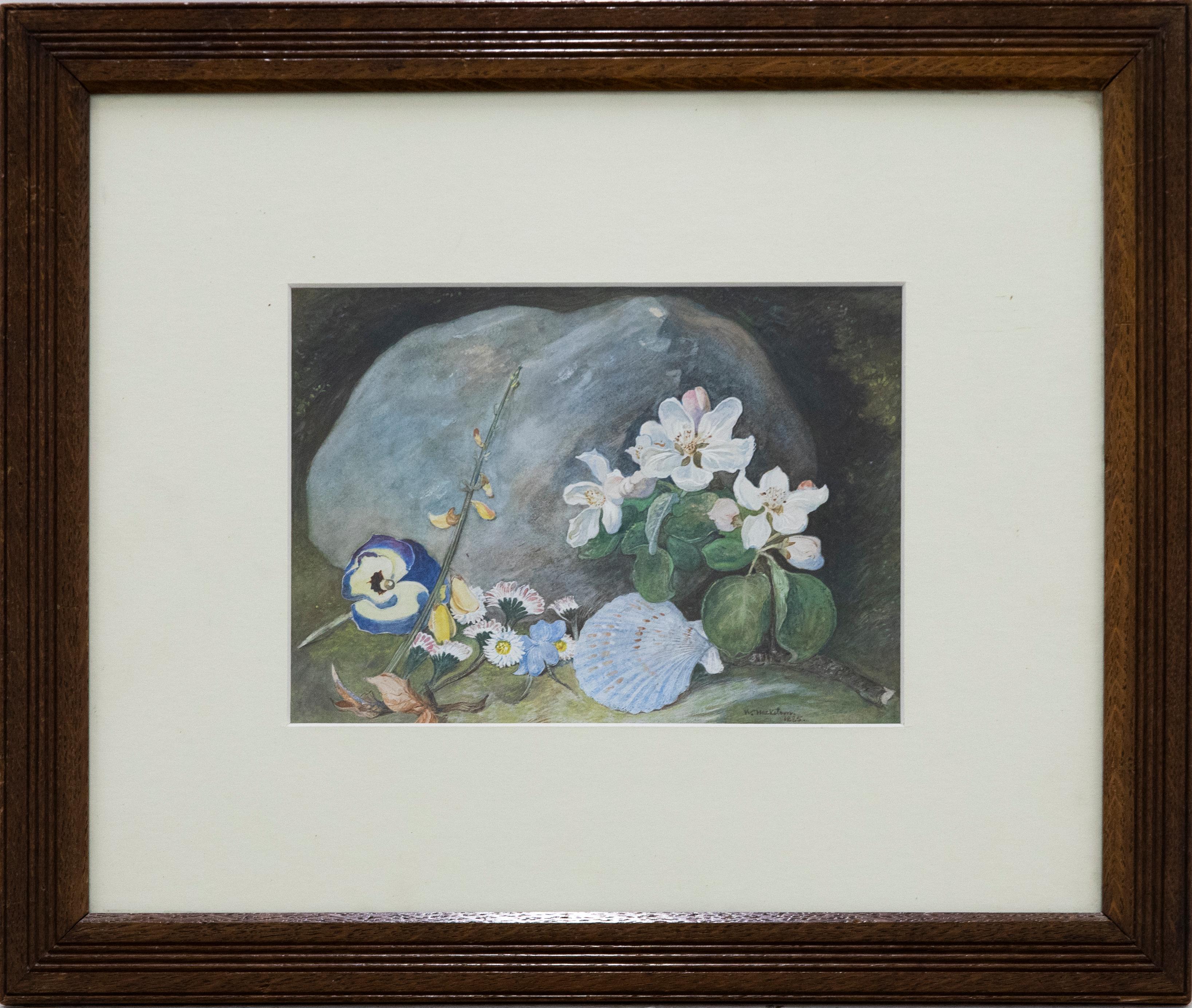 A charming 19th Century still life study depicting a seashell, dog roses and a pansy carefully placed before a rock. The artist captures the delicate flowers and their textures in great detail. Signed and dated to the lower right. Presented in a