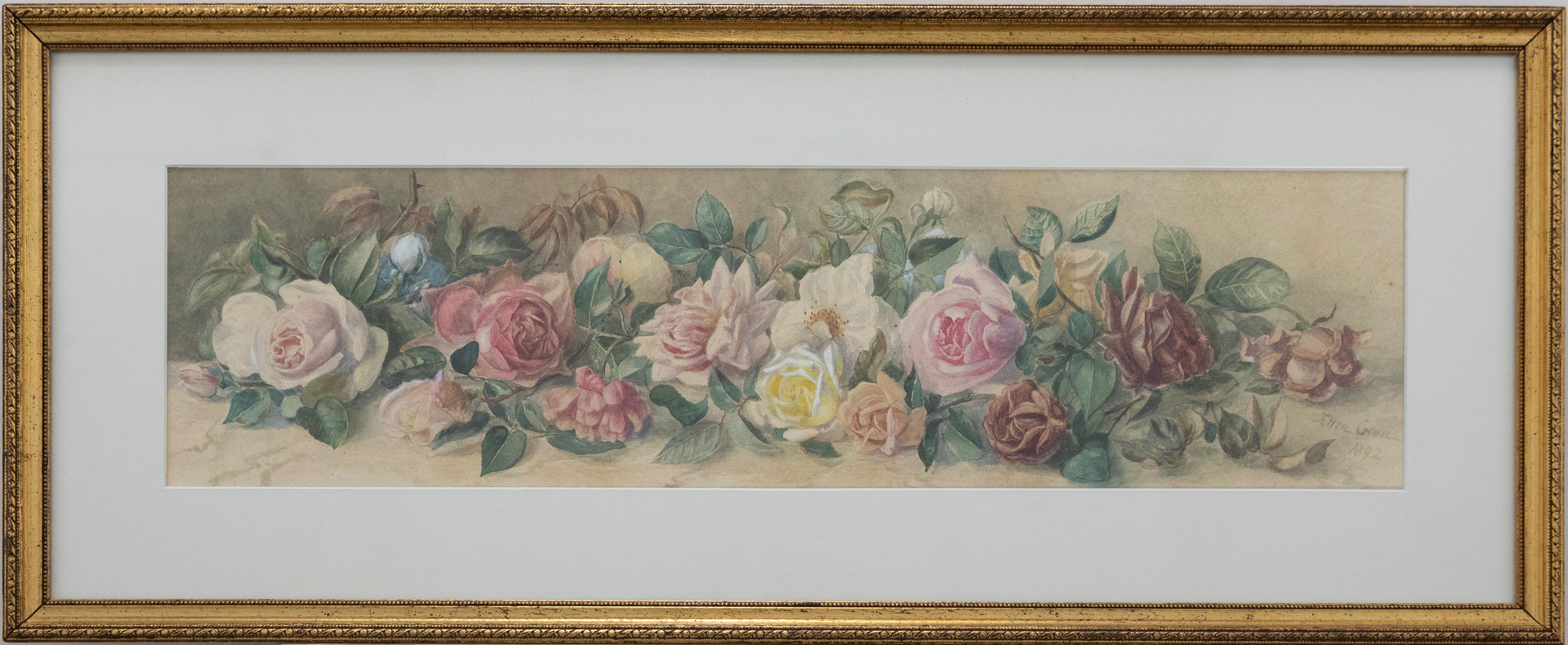 Delicate and full of detail- this stunning watercolour depicts an elegant display of rose heads and foliage, effortlessly laid across a table top. Signed and dated to the lower right. The floral study has been mounted in a elongated gilt frame with
