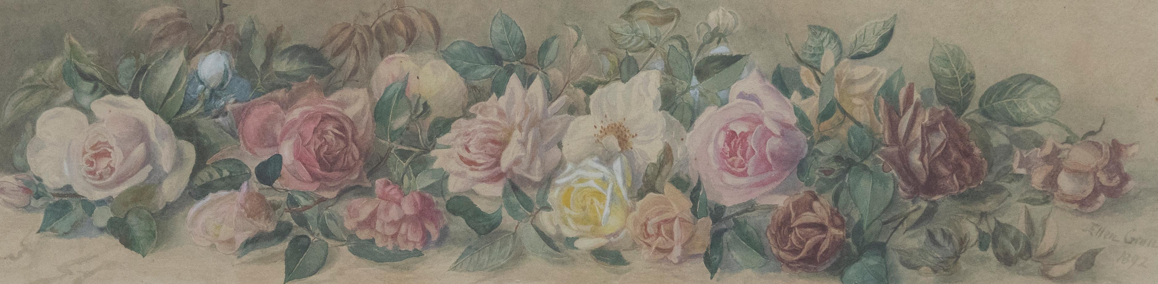 Ellen Gehil - Framed 1892 Watercolour, Still Life of Roses For Sale 3