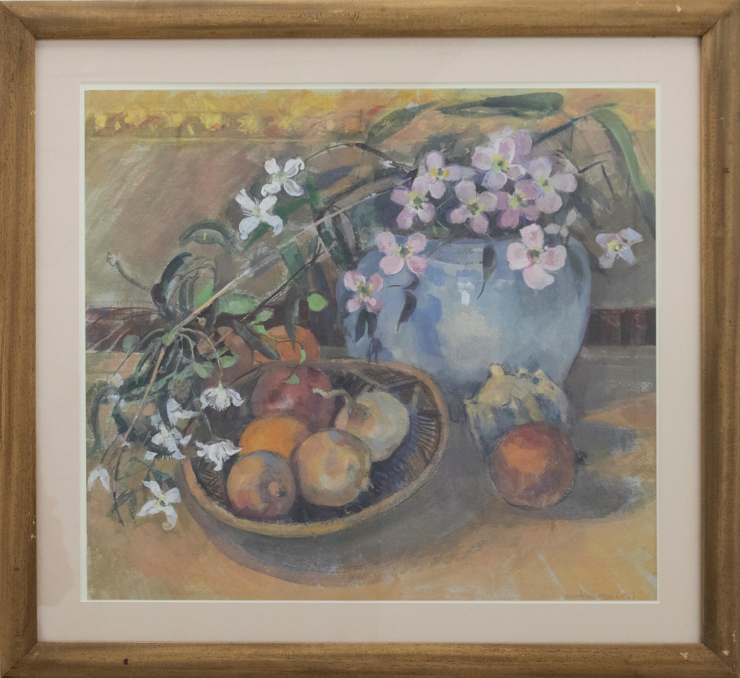 A delicate and sensitive watercolour still life showing a blue urn full of pink and white clematis with a basket of pomegranates and onions. The artist has signed to the lower right corner and the painting has been presented in a simple wood frame