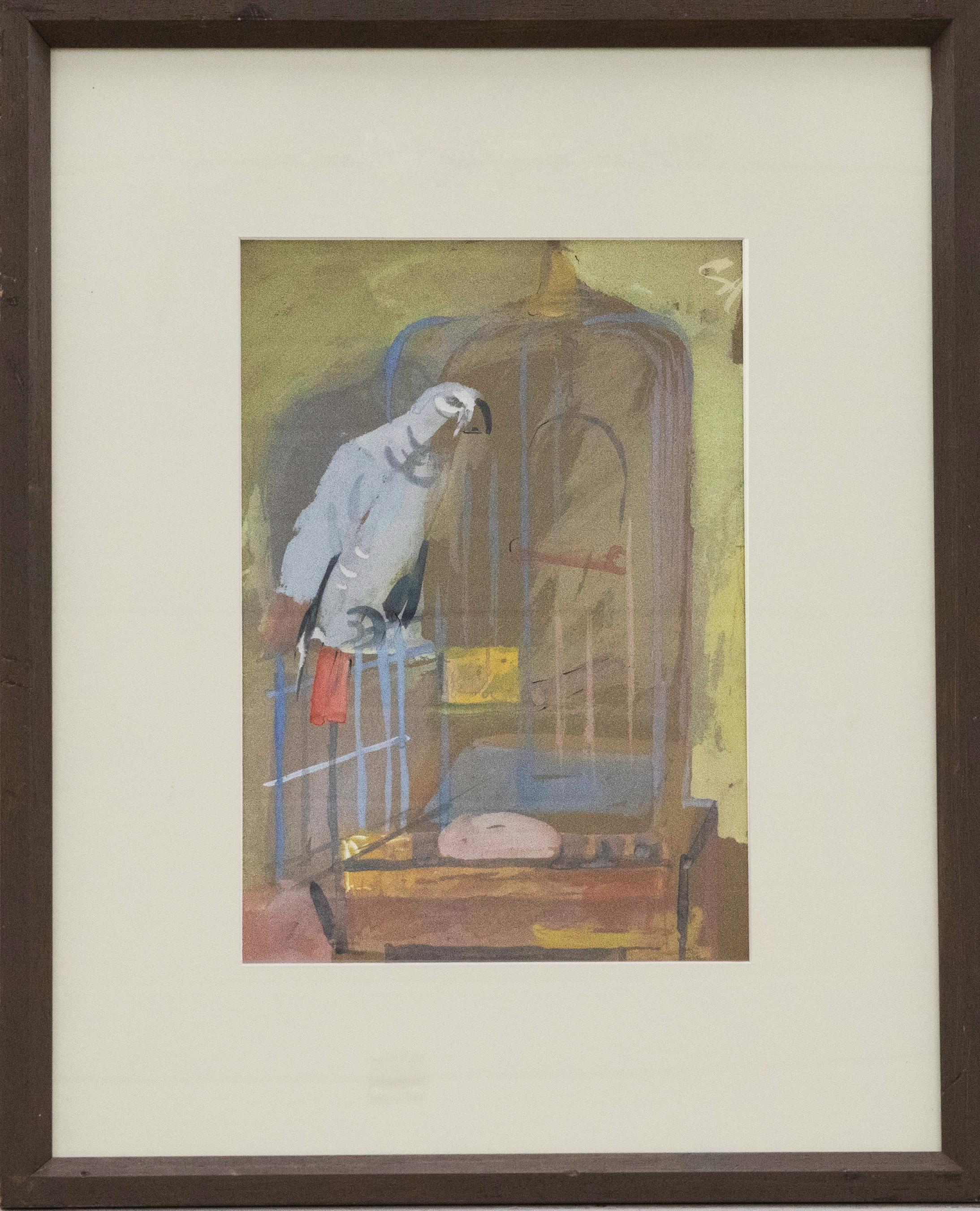 Perched on an open cage door, is this charming study of an African grey by mid-century artist Austin Taylor (1908-1992). Unsigned. Smartly mounted in a complimenting chocolate-grey frame. On paper. 