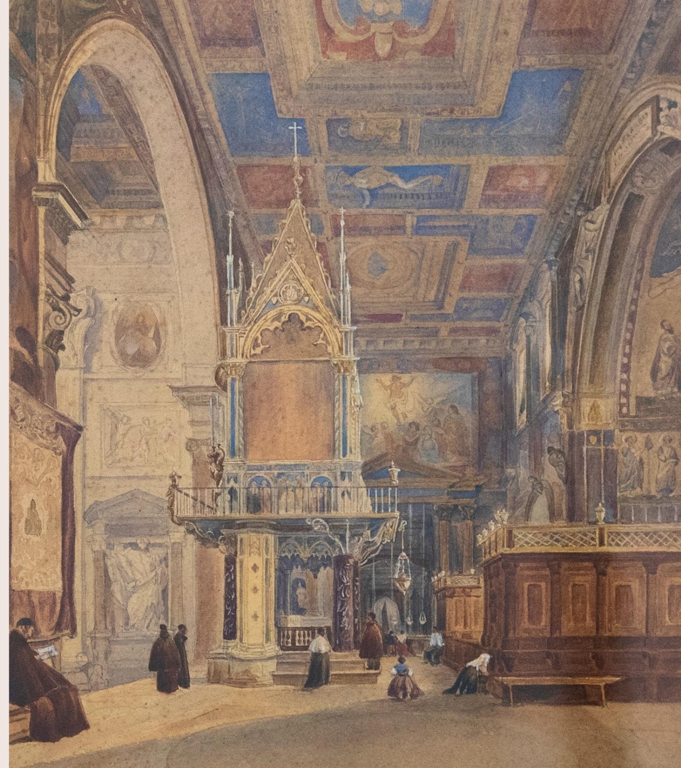 A charming watercolour scene depicting the interior of the Basilica of Saint John Lateran in Rome, Italy. The artist captures the intricate details of the spectacular Basilica, including the ornate altar and colourful frescoes. Unsigned. Presented