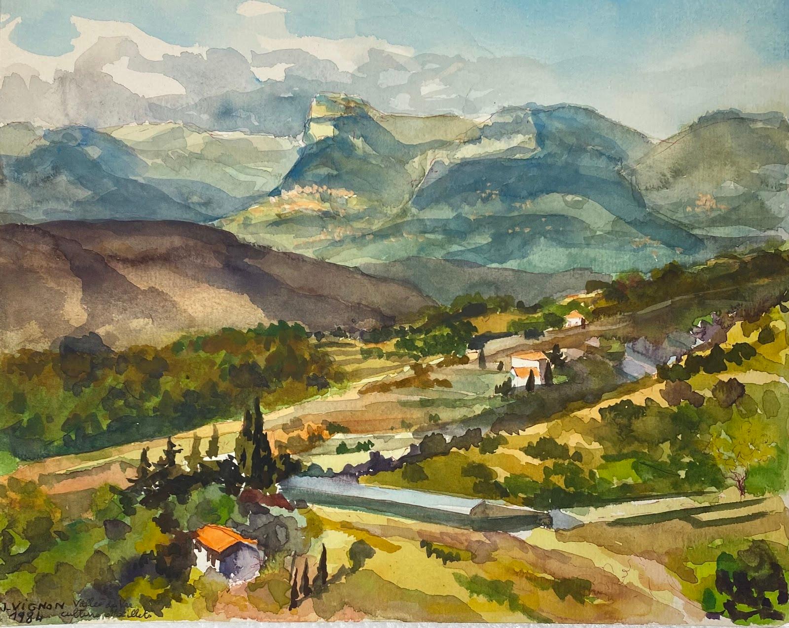 Josine Vignon Landscape Art – Postimpressionistisches französisches Aquarellgemälde, Sommertal-Landschaft 