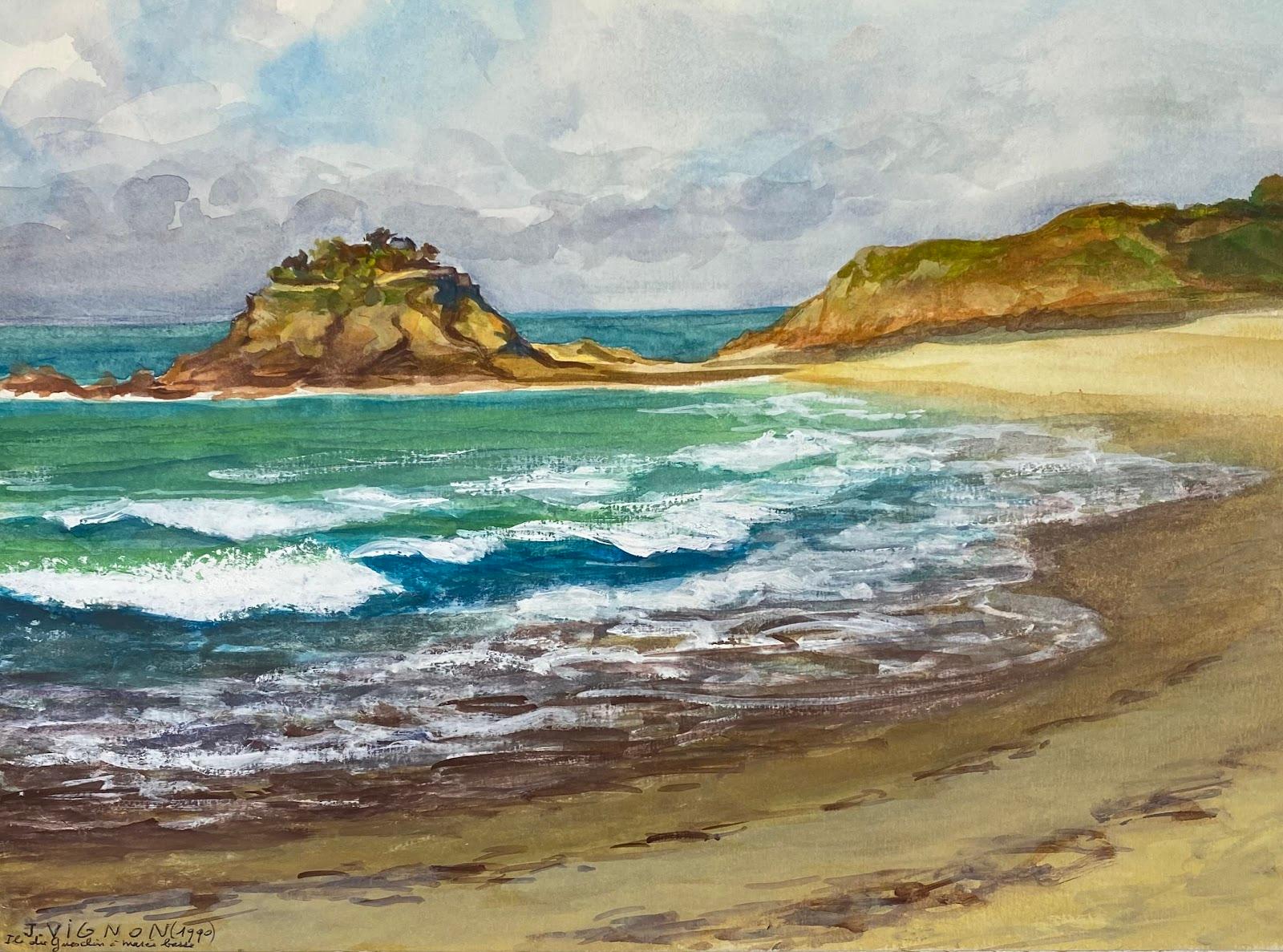 Josine Vignon Landscape Art – Postimpressionistisches französisches Aquarellgemälde „ Meereslandschaft mit niedrigem Tide“