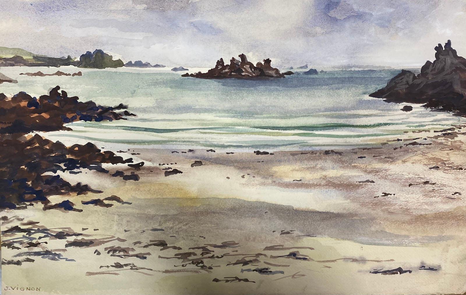Josine Vignon Landscape Art – Postimpressionistisches französisches Aquarellgemälde, Strandszene aus der Bretagne