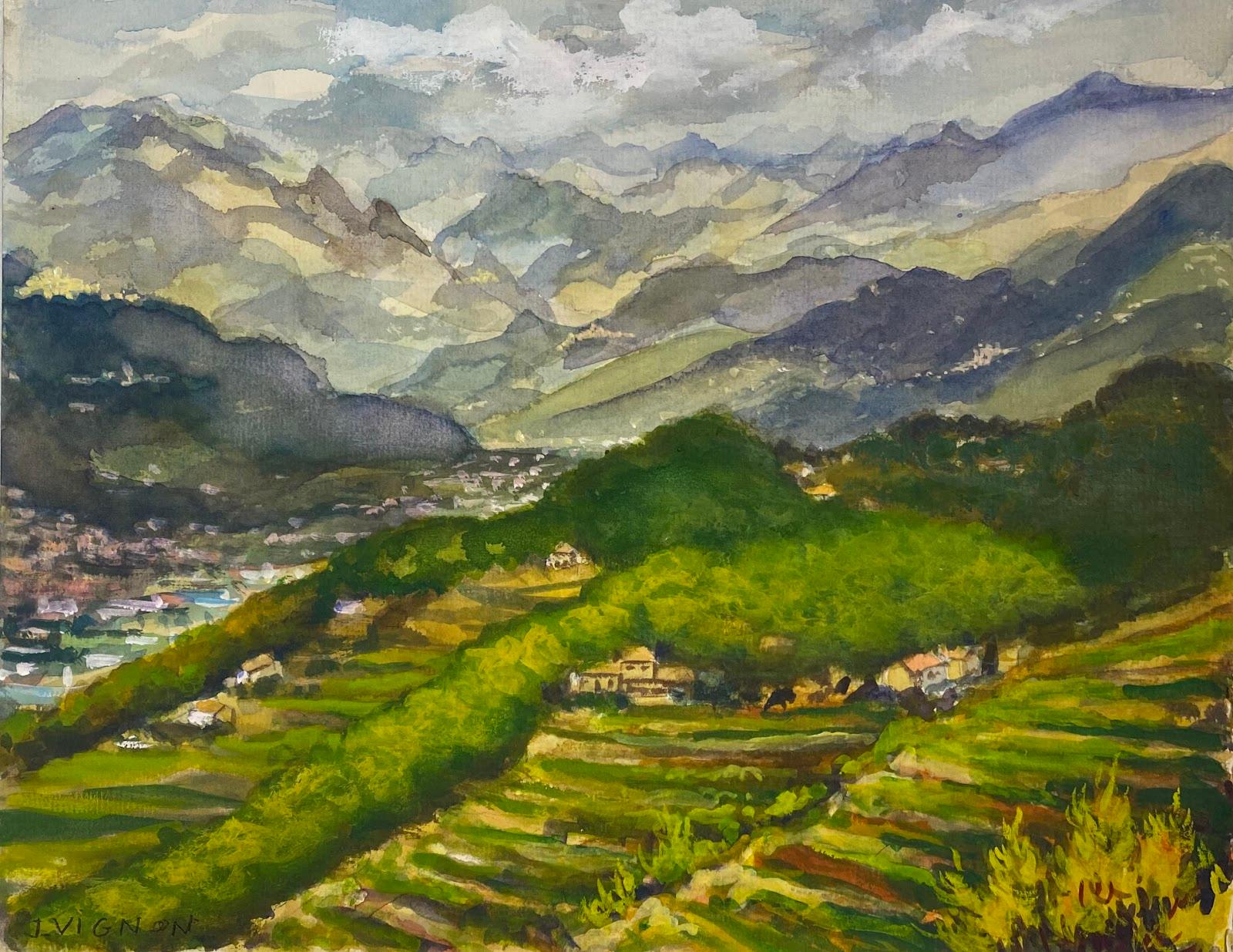 Josine Vignon Landscape Art - Post-Impressionist French Watercolour Painting The Valleys of Vou
