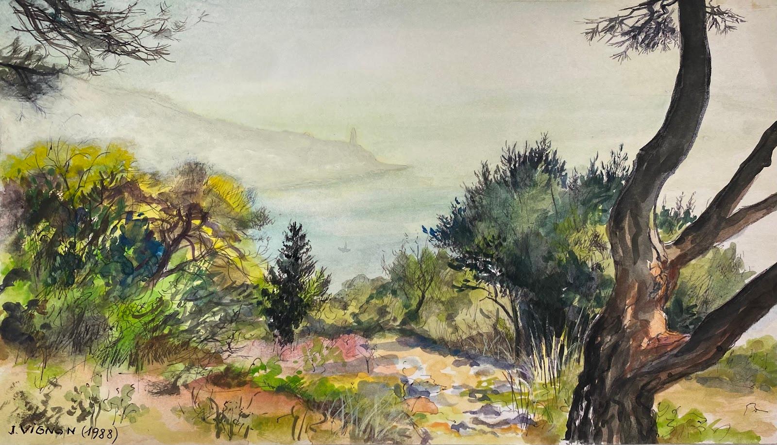 Josine Vignon Landscape Art - Post-Impressionist French Watercolour Painting View of Cap Ferrat From Hillside