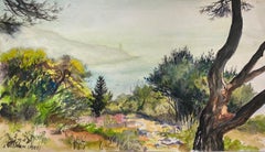 Pintura francesa postimpresionista a la acuarela Vista de Cap Ferrat desde la ladera