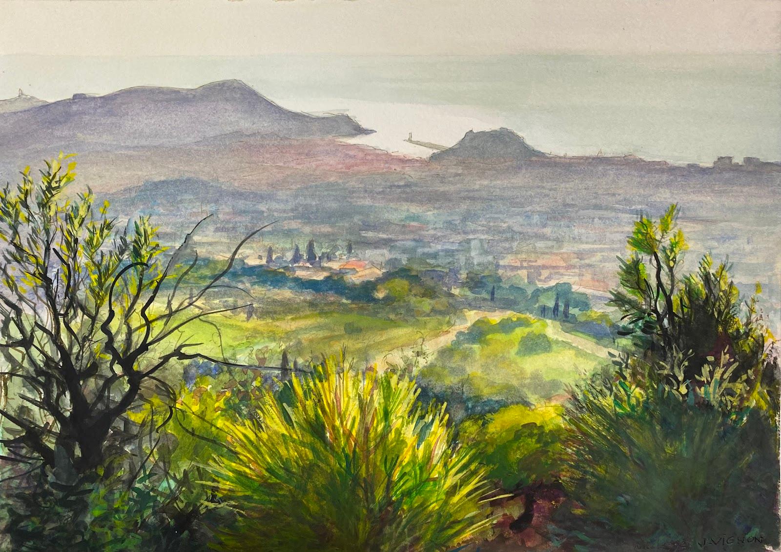 Josine Vignon Landscape Art - Post-Impressionist French Watercolour Painting The Fields Of Nice