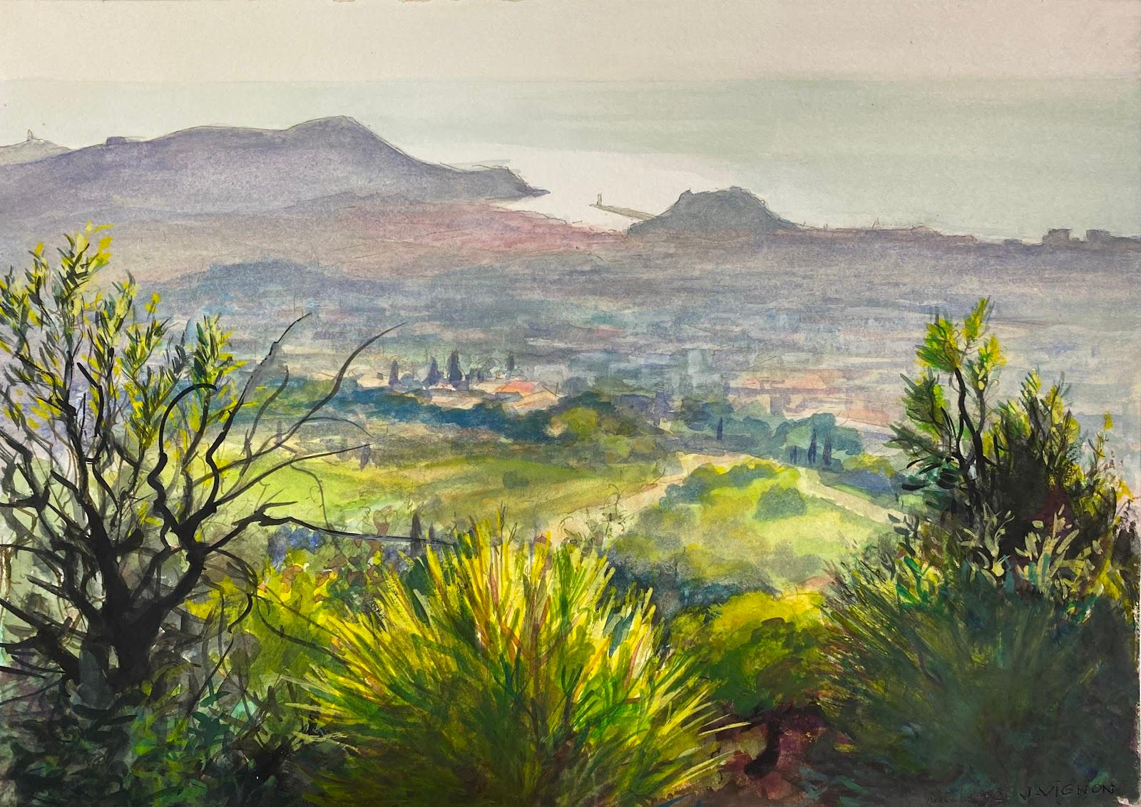 Peinture à l'aquarelle française post-impressionniste « Les champs de Nice »