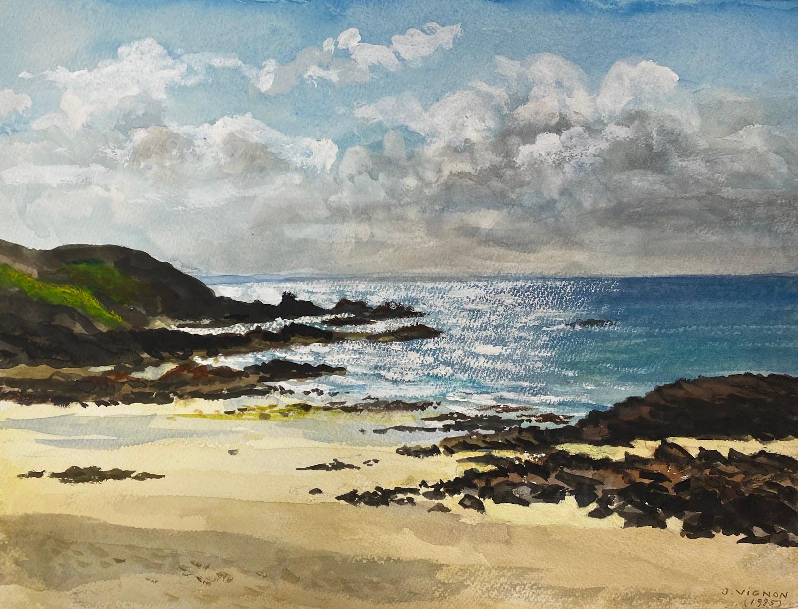 Josine Vignon Landscape Art - Post-Impressionist French Watercolour Painting  Scene of Erquy Coastline