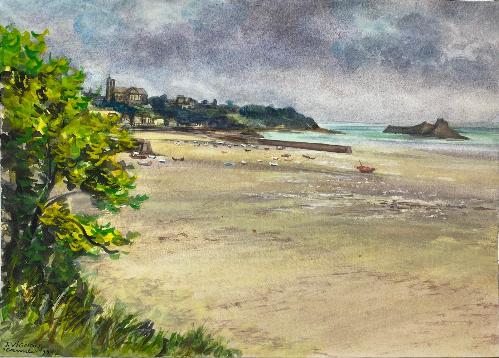 Josine Vignon Landscape Art - Post-Impressionist French Watercolour Painting The Beach Of Cancale